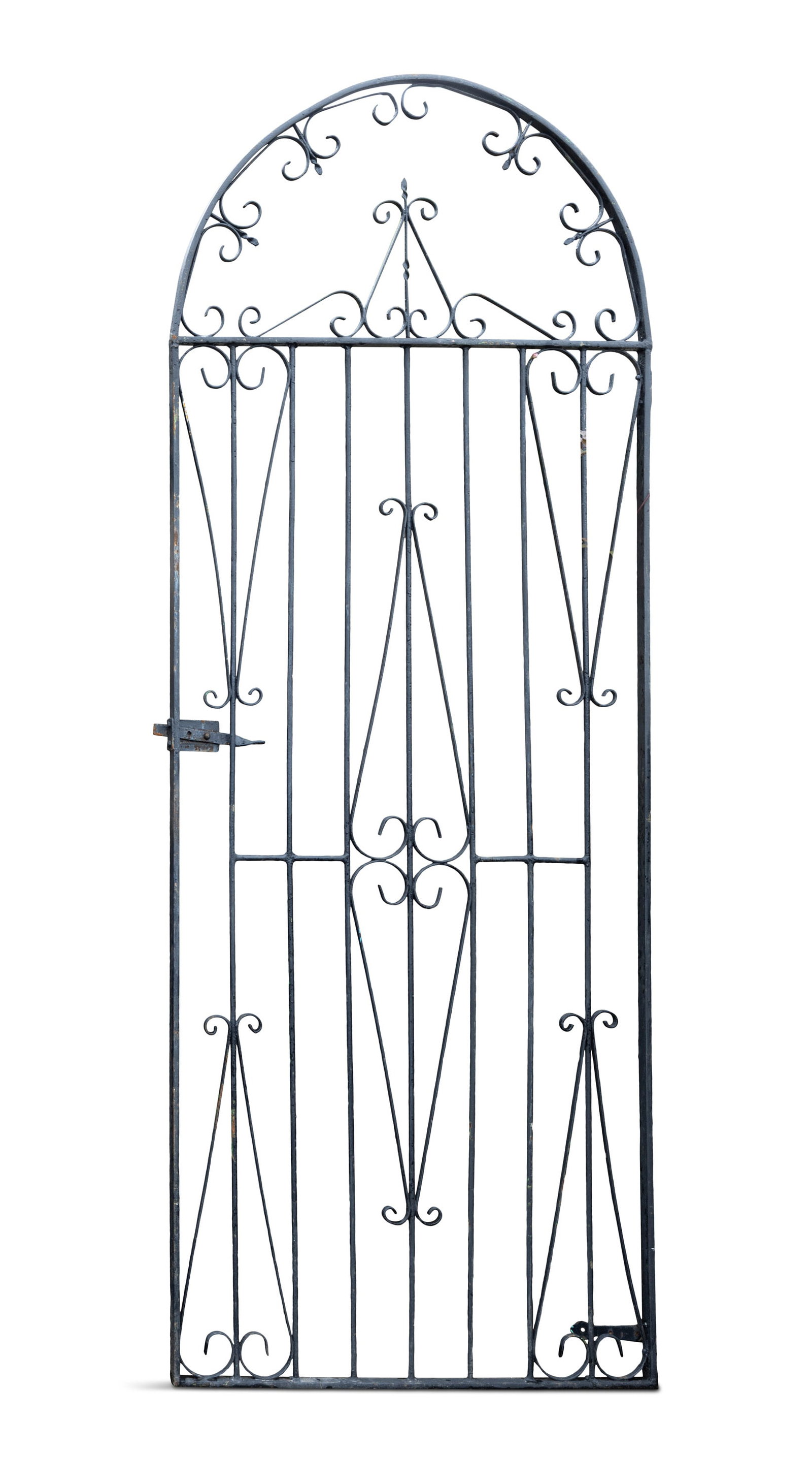 A VICTORIAN BLACK-PAINTED CAST IRON GARDEN GATE, the rounded top above a scroll-shaped trellis, (1 of 5)