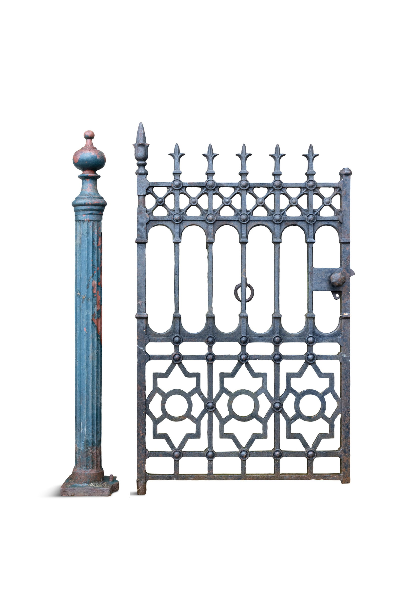 A BLACK PAINTED CAST IRON GATE, 19th century, with shaped finials above pierced gothic pattern (1 of 5)