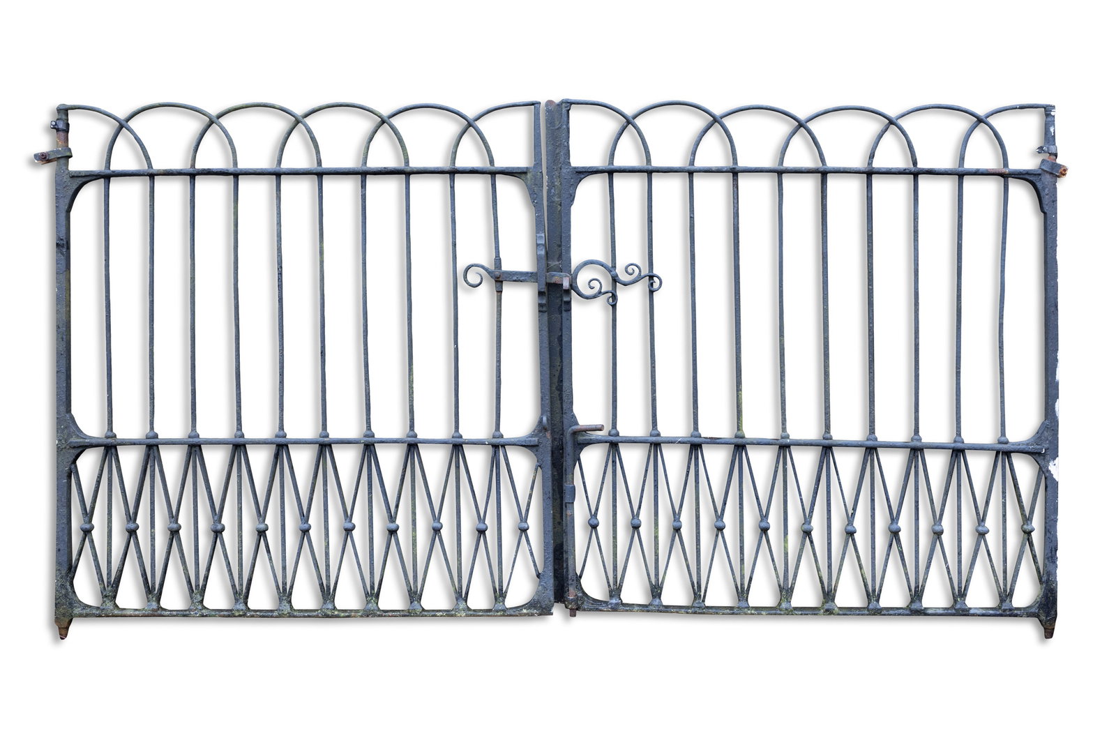 A PAIR OF BLACK-PAINTED CAST IRON GATES, 19th century, each with the demi-lune tops on straight (1 of 6)