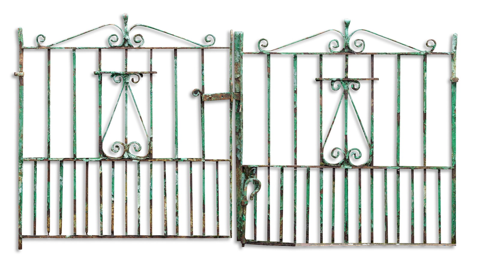 A PAIR OF GREEN-PAINTED CAST IRON GATES, each with shaped scroll tops above straight supports and a: A PAIR OF GREEN-PAINTED CAST IRON GATES, each with shaped scroll tops above straight supports and a conforming central section, 127cm high, 238cm wide over handle, 19cm deep
