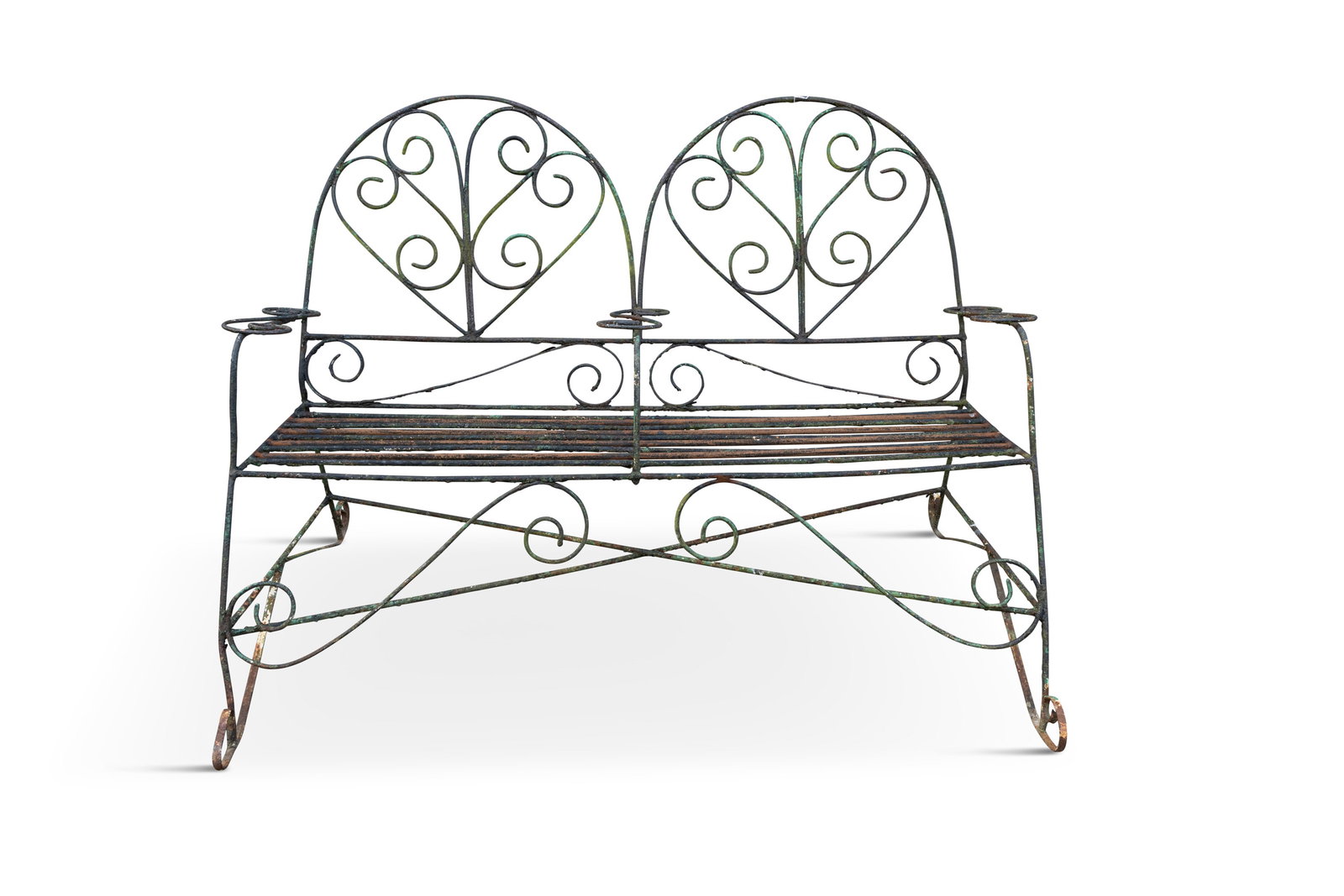A VICTORIAN BLACK PAINTED TWO SEATER WIREWORK BENCH, 140cm wide, 95cm high: A VICTORIAN BLACK PAINTED TWO SEATER WIREWORK BENCH, 140cm wide, 95cm high