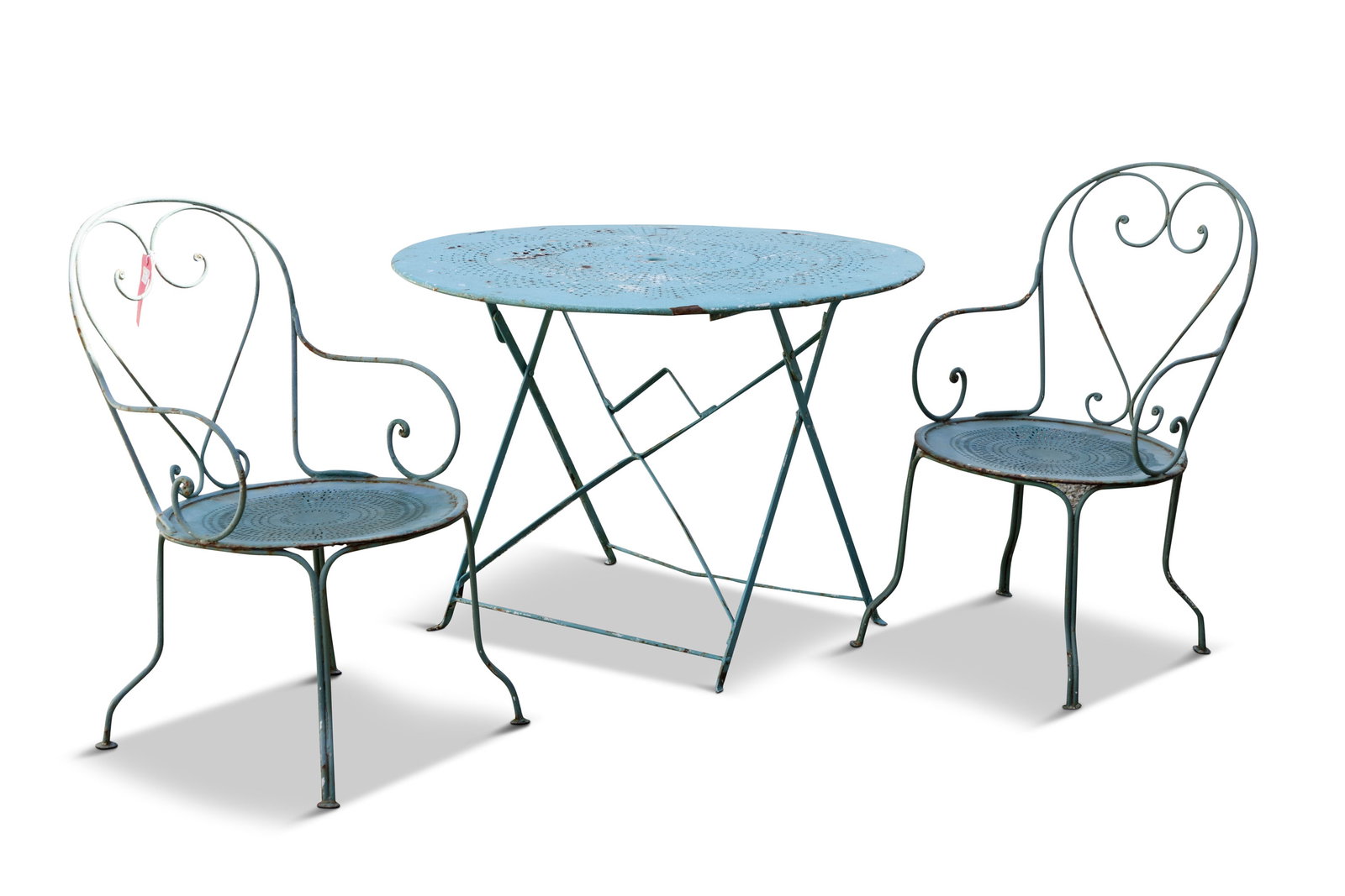 A GREEN PAINTED WIREWORK AND PIERCED ZINC GARDEN TABLE AND TWO CHAIRS, Table 97cm diameter, 70cm (1 of 4)