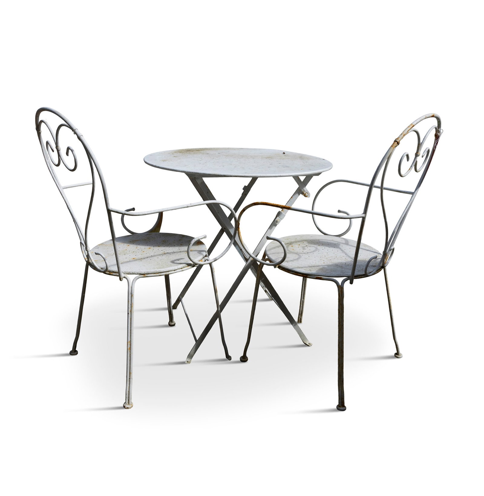 A WHITE PAINTED METAL WIREWORK GARDEN TABLE AND TWO CHAIRS, the table 70cm high x 70cm diameter (1 of 2)