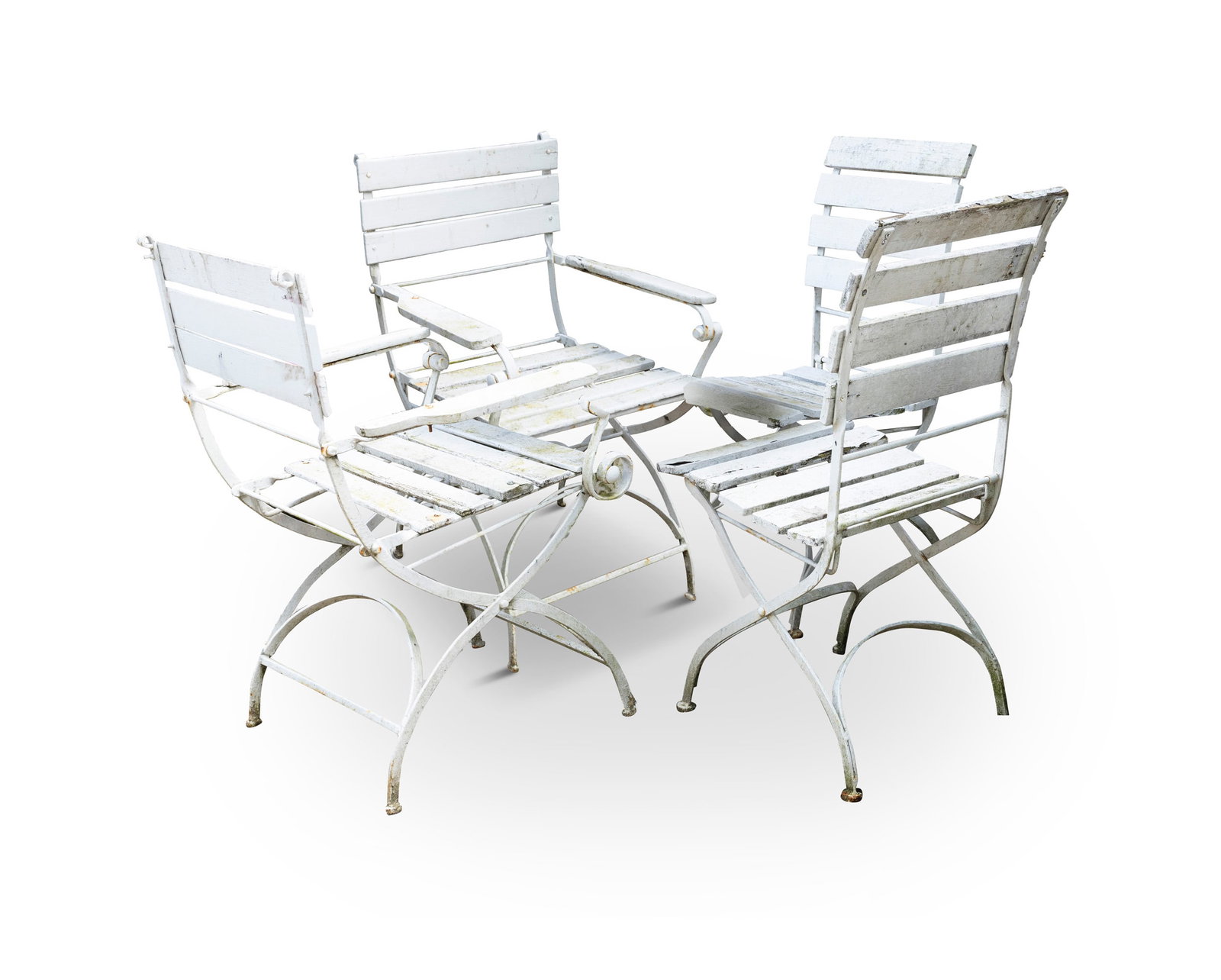 A SET OF FOUR FRENCH WHITE PAINTED WROUGHT IRON GARDEN CHAIRS, two armchairs and two singles each (1 of 3)