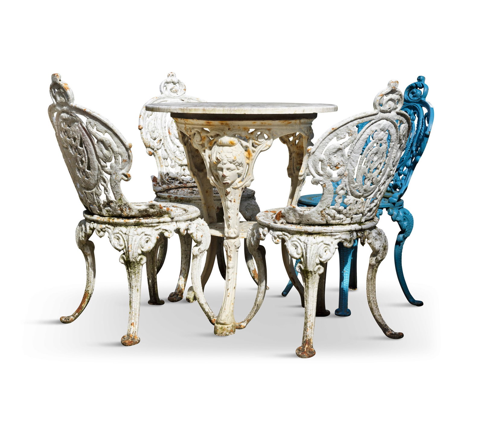 A SET OF FOUR WHITE PAINTED CAST IRON VICTORIAN GARDEN CHAIRS, Together with a marble top and cast (1 of 1)