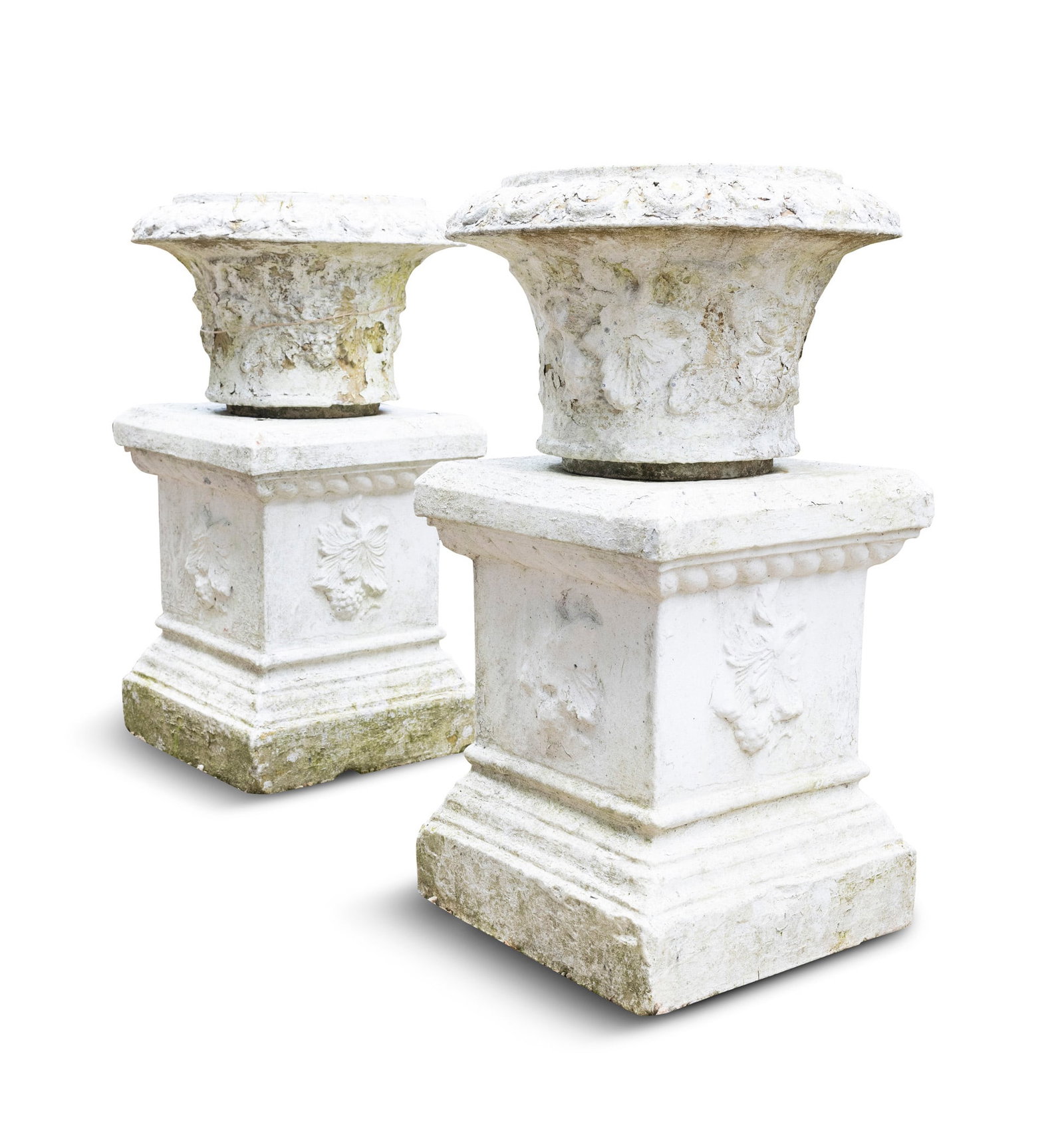 A PAIR OF WHITE PAINTED TERRACOTTA POTS, each with out-turned egg-and-dart rims. The bodies: A PAIR OF WHITE PAINTED TERRACOTTA POTS, each with out-turned egg-and-dart rims. The bodies decorated with foliate design, each on white painted plinths, 86cm high