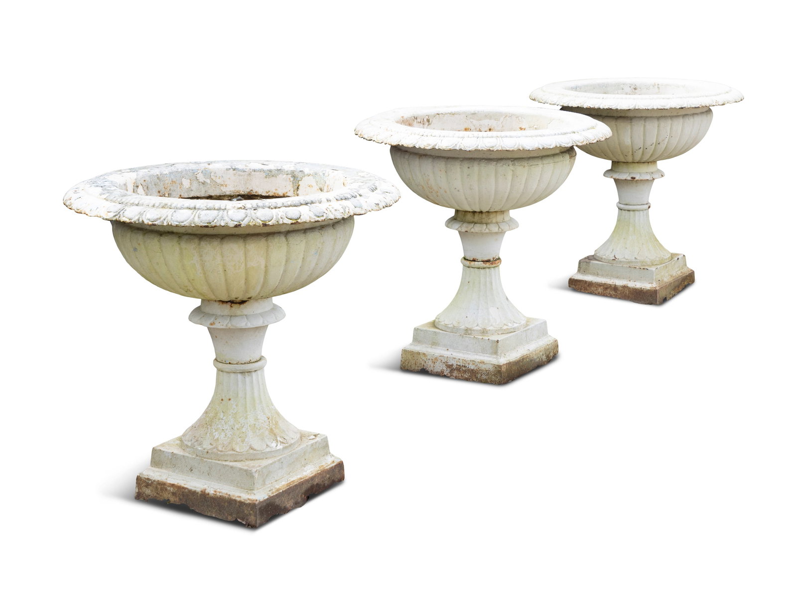 A SET OF THREE LARGE CAST IRON FLUTED AND GADROONED PEDESTAL URN PLANTERS, 19TH CENTURY, cream (1 of 3)