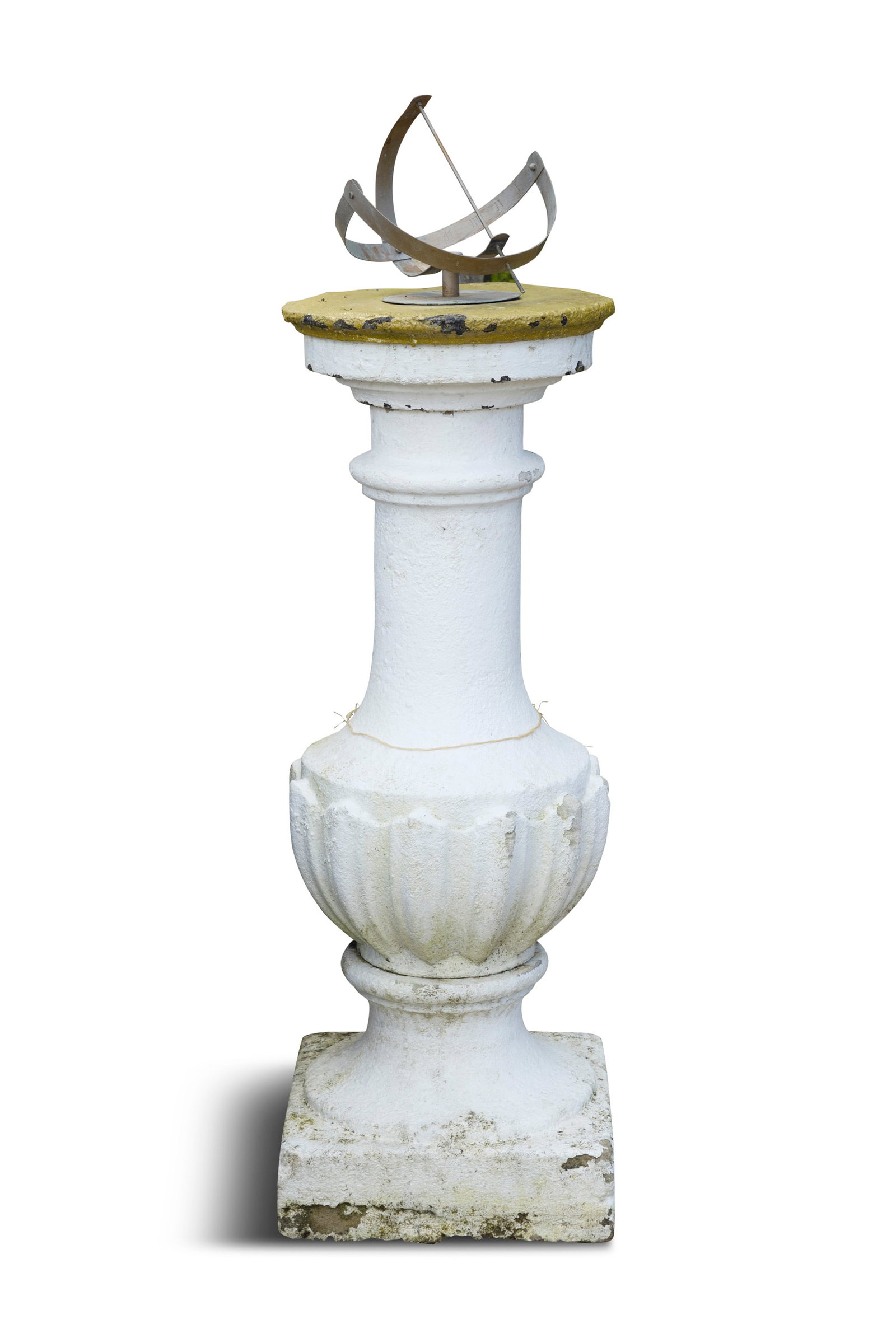 A WHITE PAINTED PEDESTAL SUNDIAL, the metal armillary sphere sundial above the composite stone base (1 of 4)