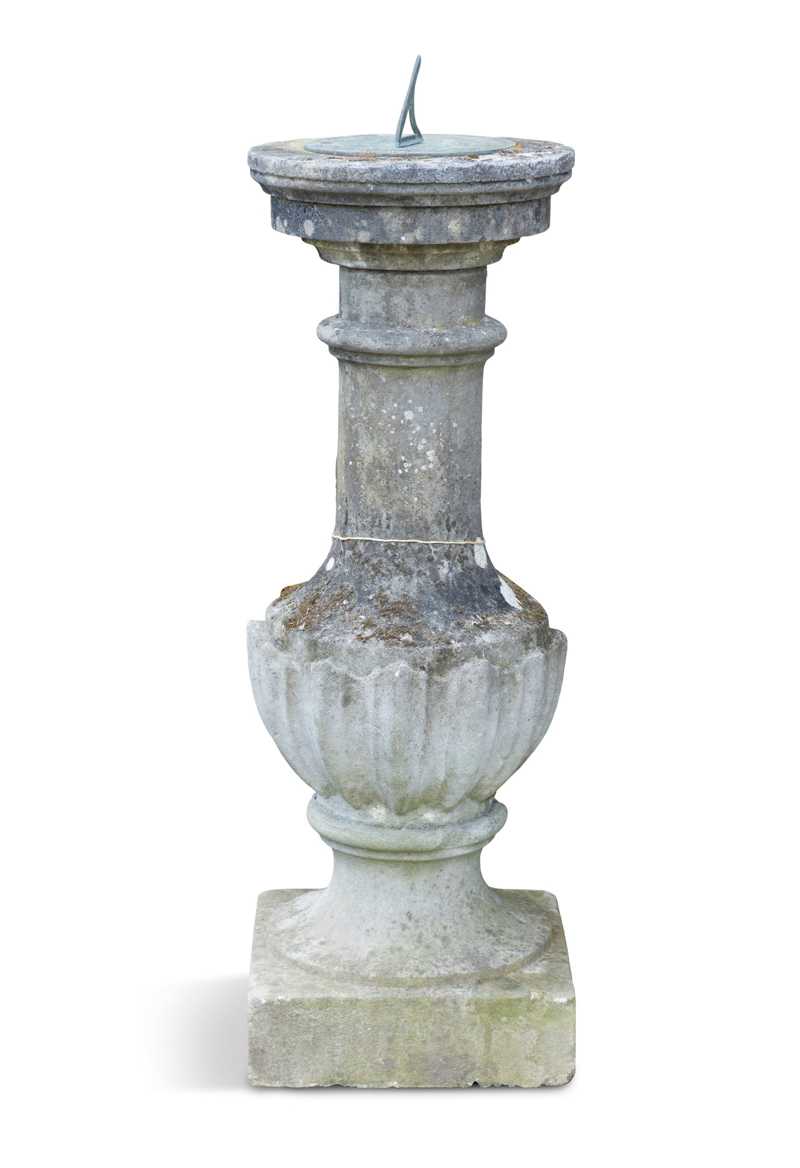 A COMPOSITE STONE PEDESTAL SUNDIAL, the bronze gnomon above an incised sun motif mounted on the (1 of 3)