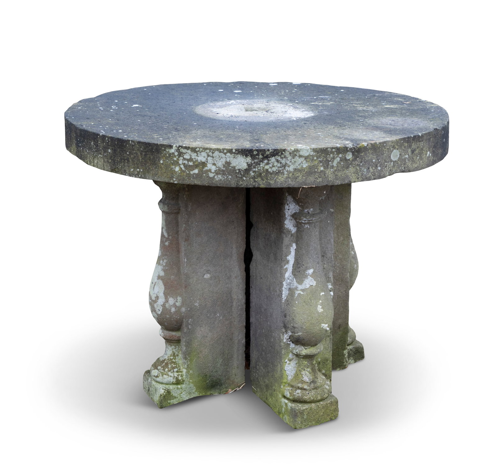 AN ENGLISH SANDSTONE GARDEN TABLE, 19th century, the circular top above a cross shaped support with (1 of 4)