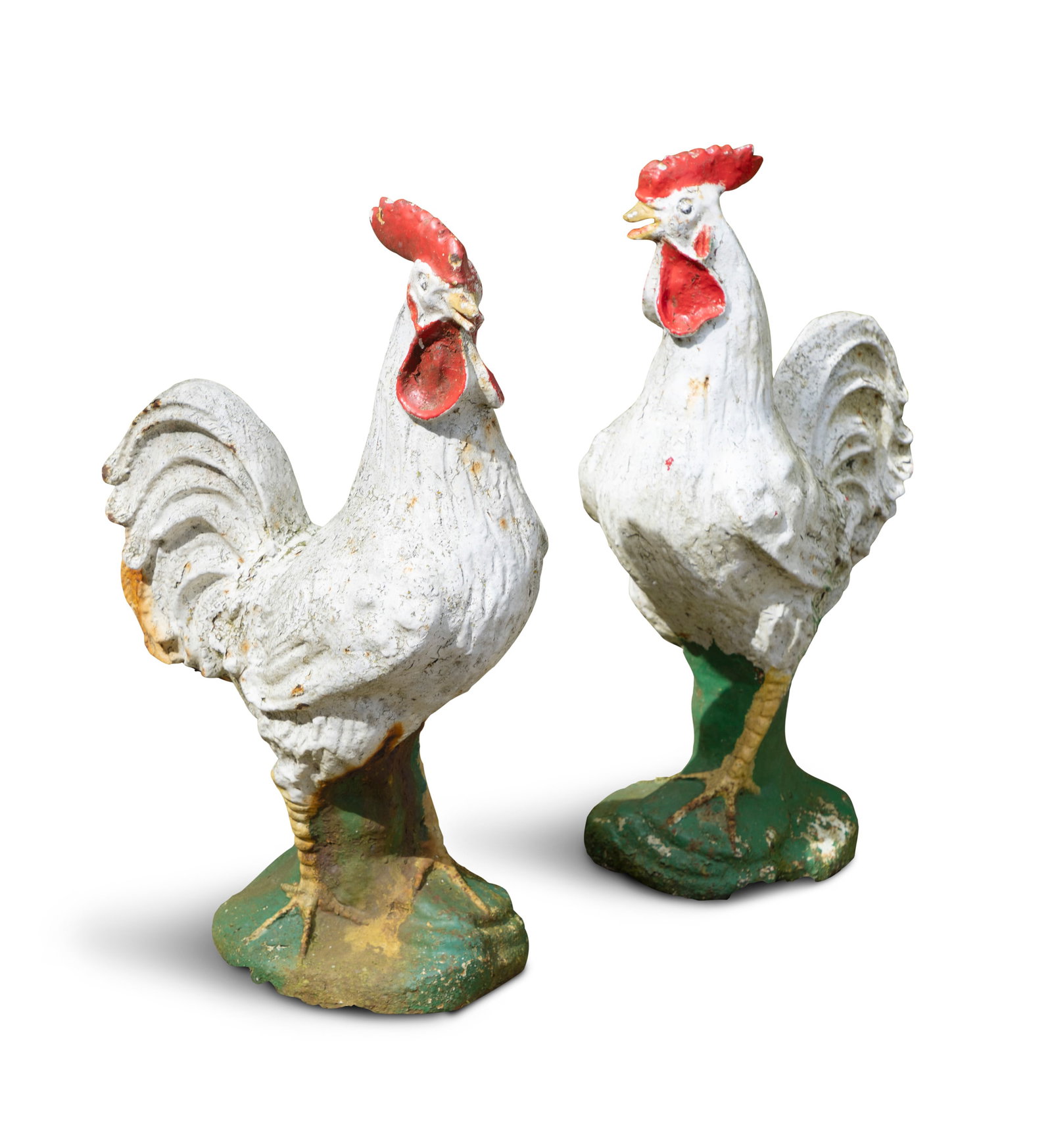 A PAIR OF CAST IRON POLYCHROME PAINTED COCKERELS. 52cm high (1 of 4)