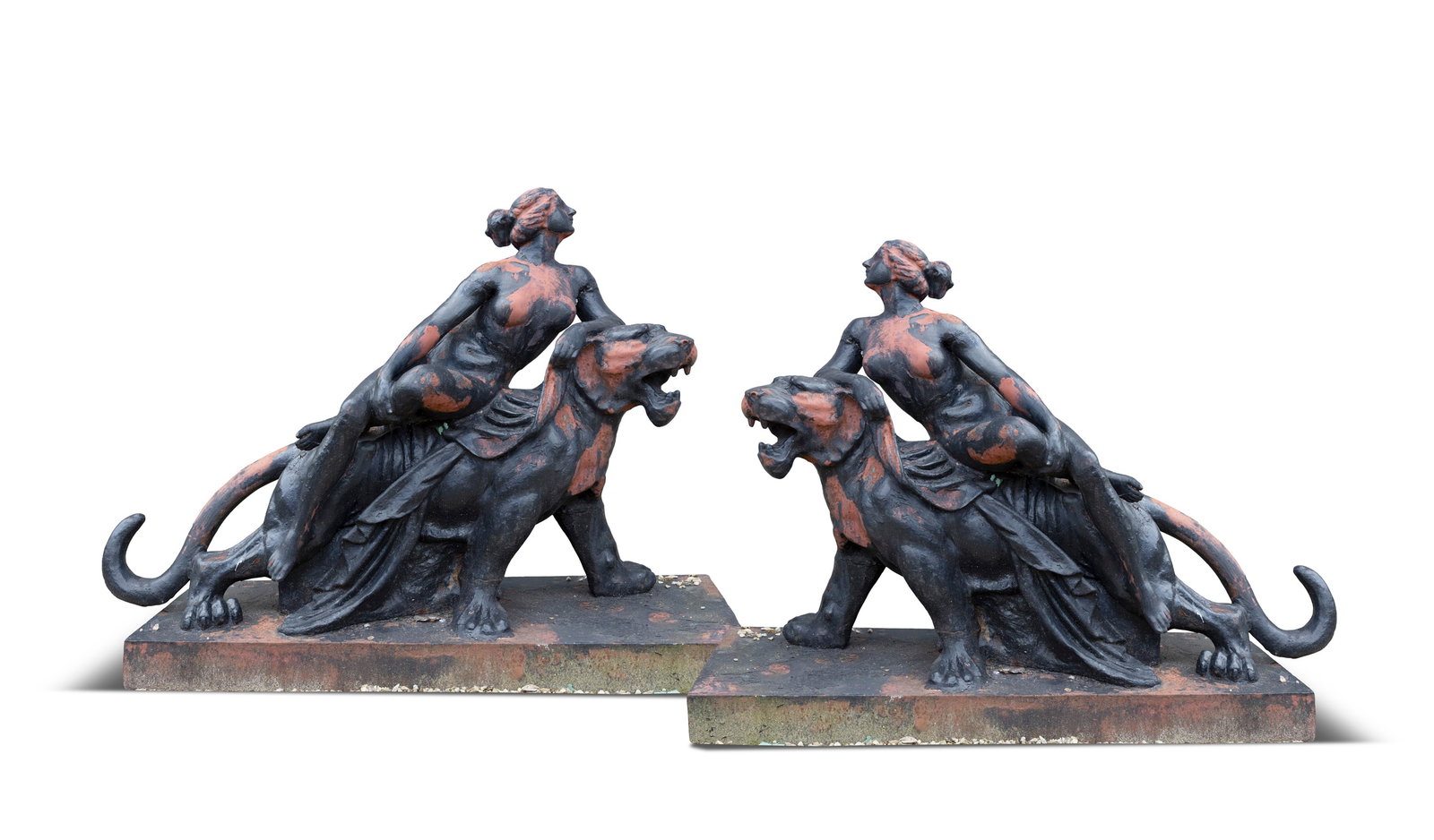 AFTER JOHANN HEINRICH VON DANNECKER, A pair of painted bronze sculptures of 'Ariadne on the (1 of 2)