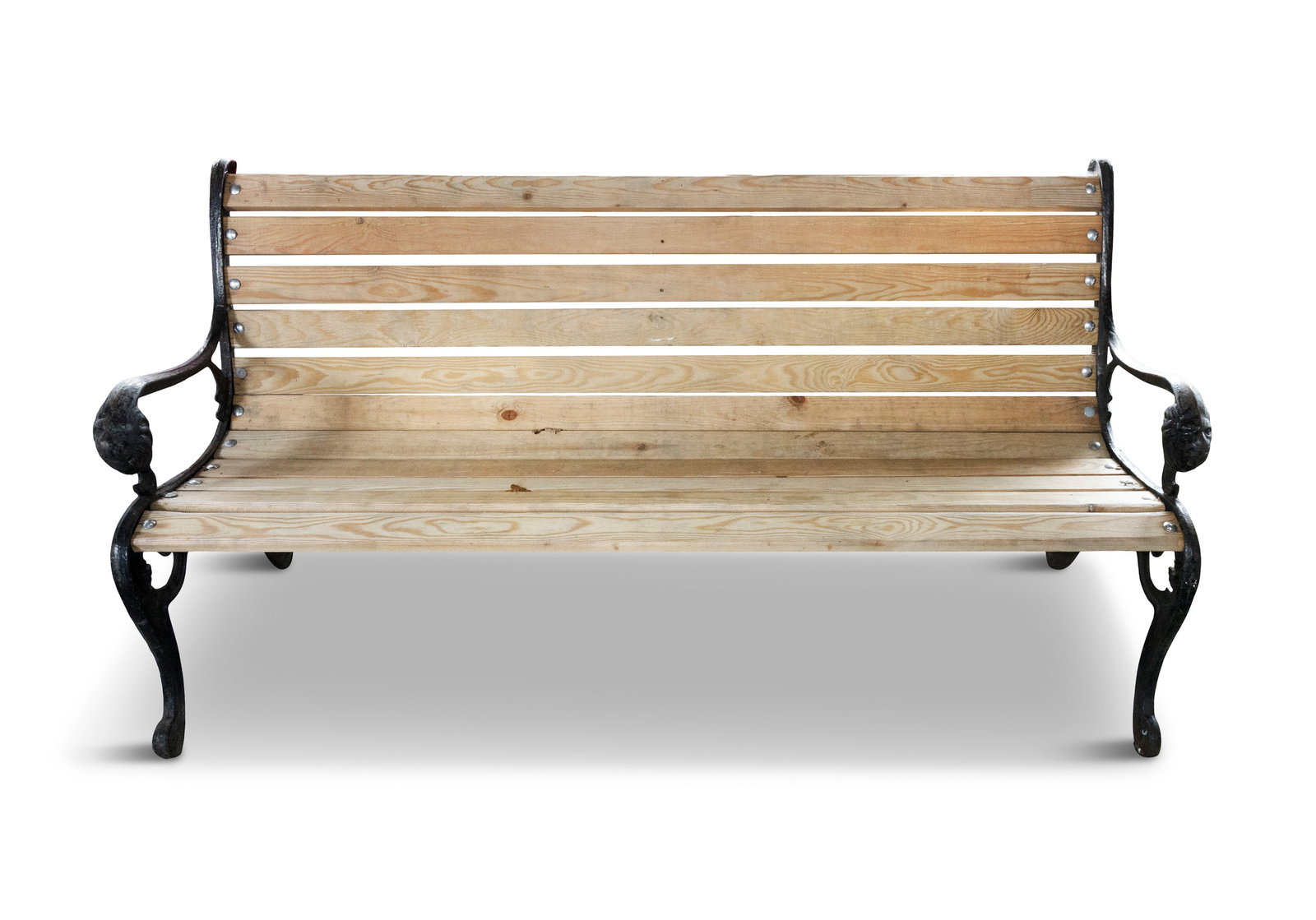 A BLACK-PAINTED CAST IRON GARDEN BENCH, with wooden splats, the scroll-end supports with downswept (1 of 6)