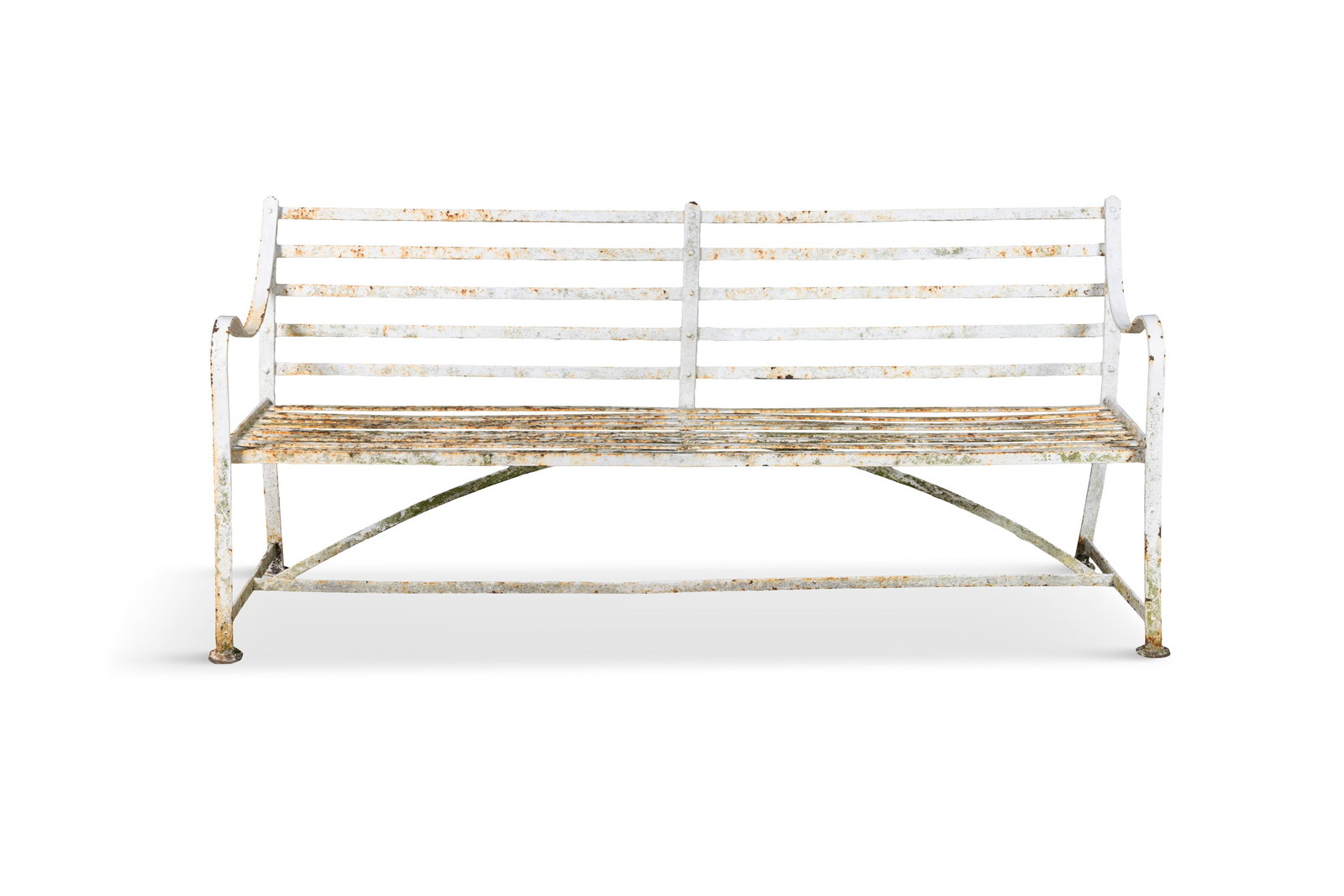 A VICTORIAN WHITE PAINTED CAST IRON STRAPWORK GARDEN BENCH, 84cm high x 185cm wide (1 of 5)