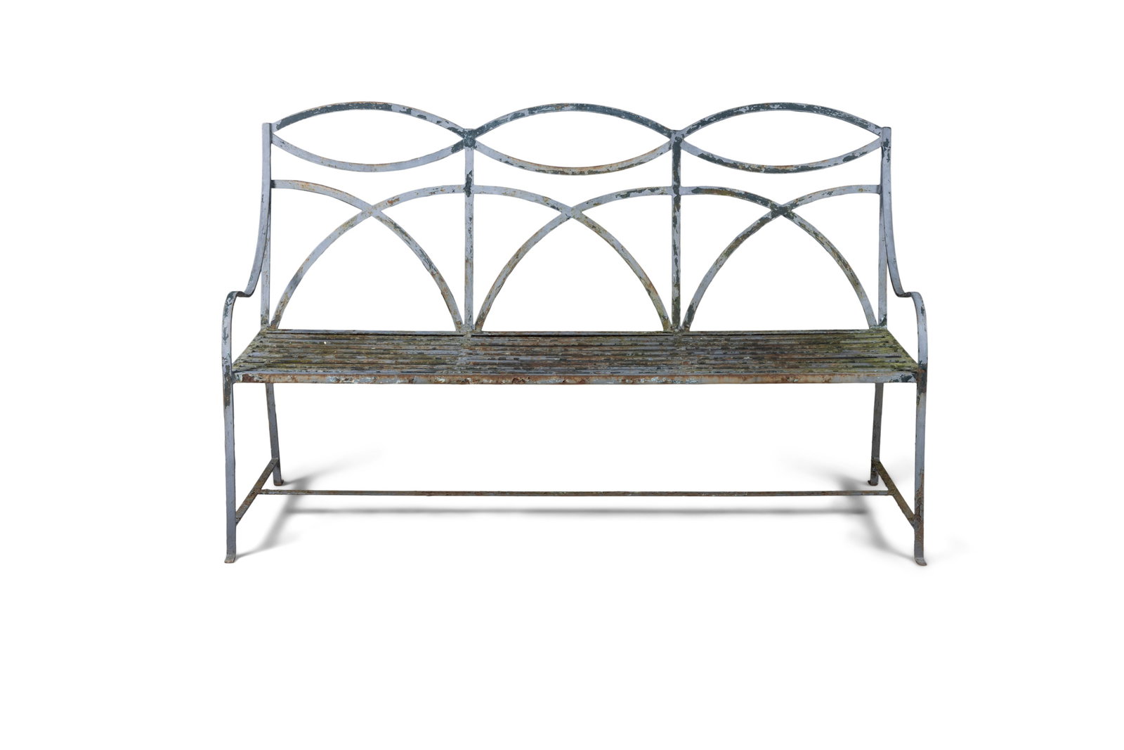A GREY PAINTED WROUGHT METAL THREE-SEATER GARDEN BENCH, the open back with triple domed design.: A GREY PAINTED WROUGHT METAL THREE-SEATER GARDEN BENCH, the open back with triple domed design. 96cm high x 153cm wide