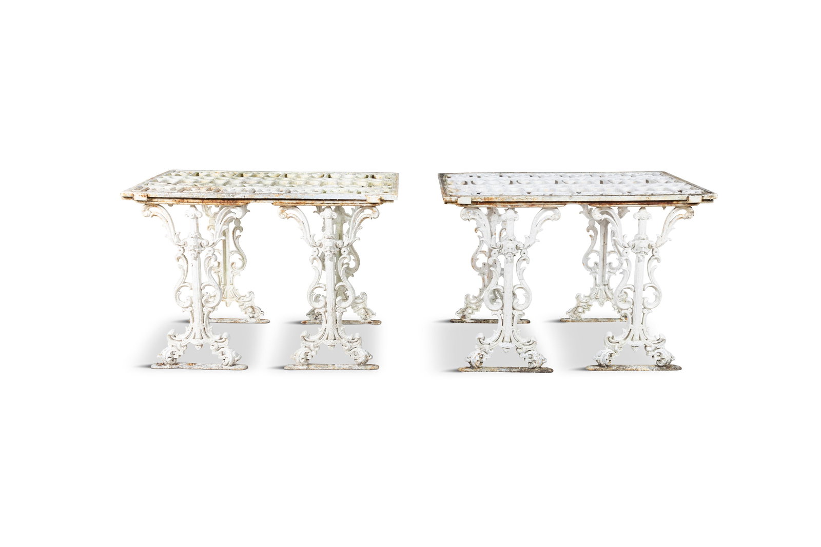 A PAIR OF VICTORIAN CAST IRON GREENHOUSE PLANT TABLES, pierced rectangular tops, on scrollwork (1 of 7)