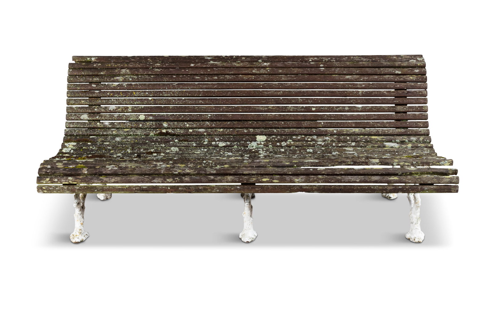 A VICTORIAN GARDEN BENCH, with arched slatted timber back and seat, raised on a white painted cast (1 of 4)