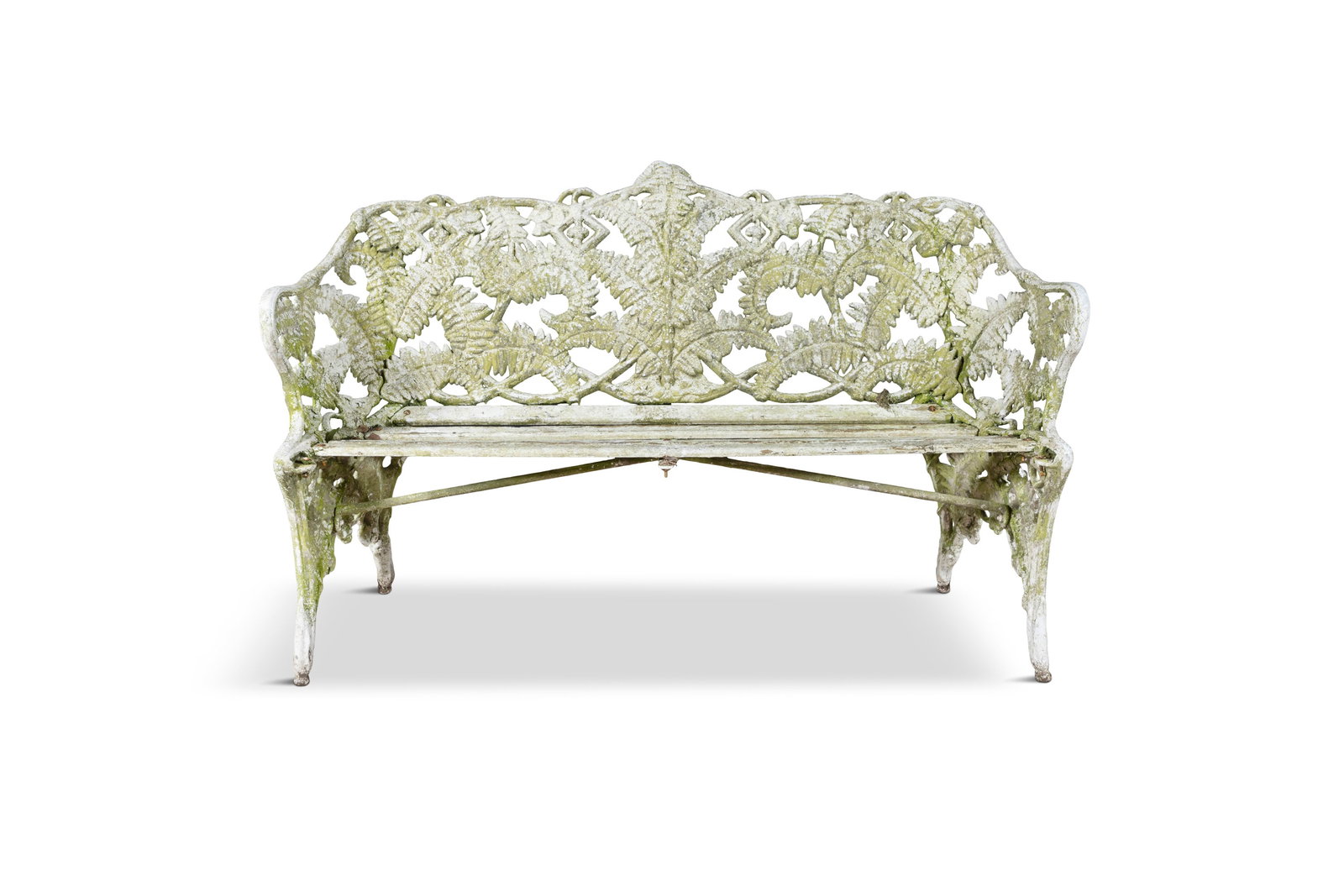 A COALBROOKDALE STYLE FERN PATTERN CAST IRON GARDEN BENCH with slatted timber seat, scroll end (1 of 1)