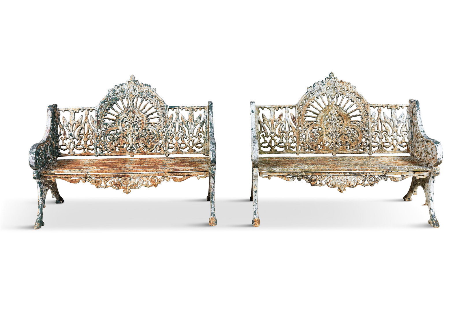 A PAIR OF VICTORIAN WHITE PAINTED CAST IRON GARDEN BENCHES the open gallery backs with central fan (1 of 6)