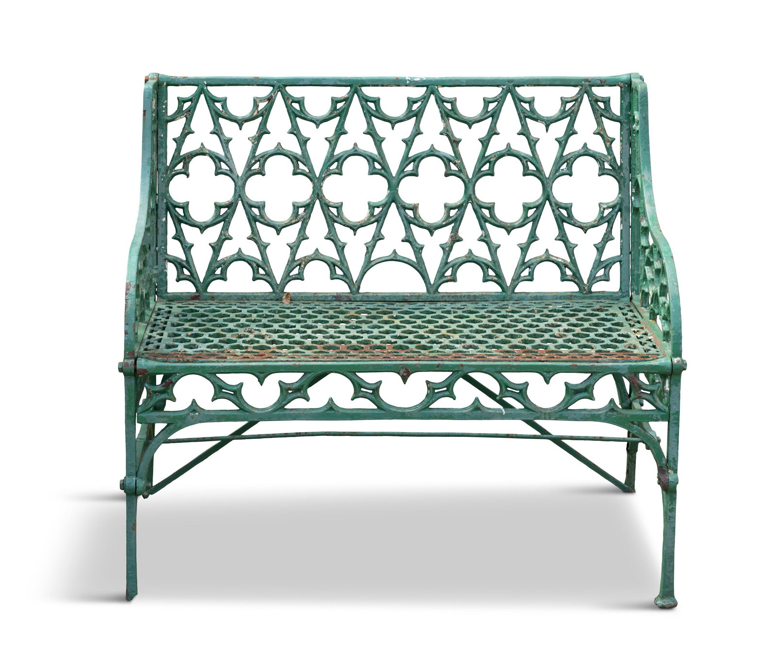 A GREEN PAINTED CAST-IRON TWO SEATER GARDEN BENCH, 19TH CENTURY, in the Gothic taste, the openwork: A GREEN PAINTED CAST-IRON TWO SEATER GARDEN BENCH, 19TH CENTURY, in the Gothic taste, the openwork back and sides with trefoils and arches on square legs, 88.5cm high, 97.5cm wide, 45cm high to seat