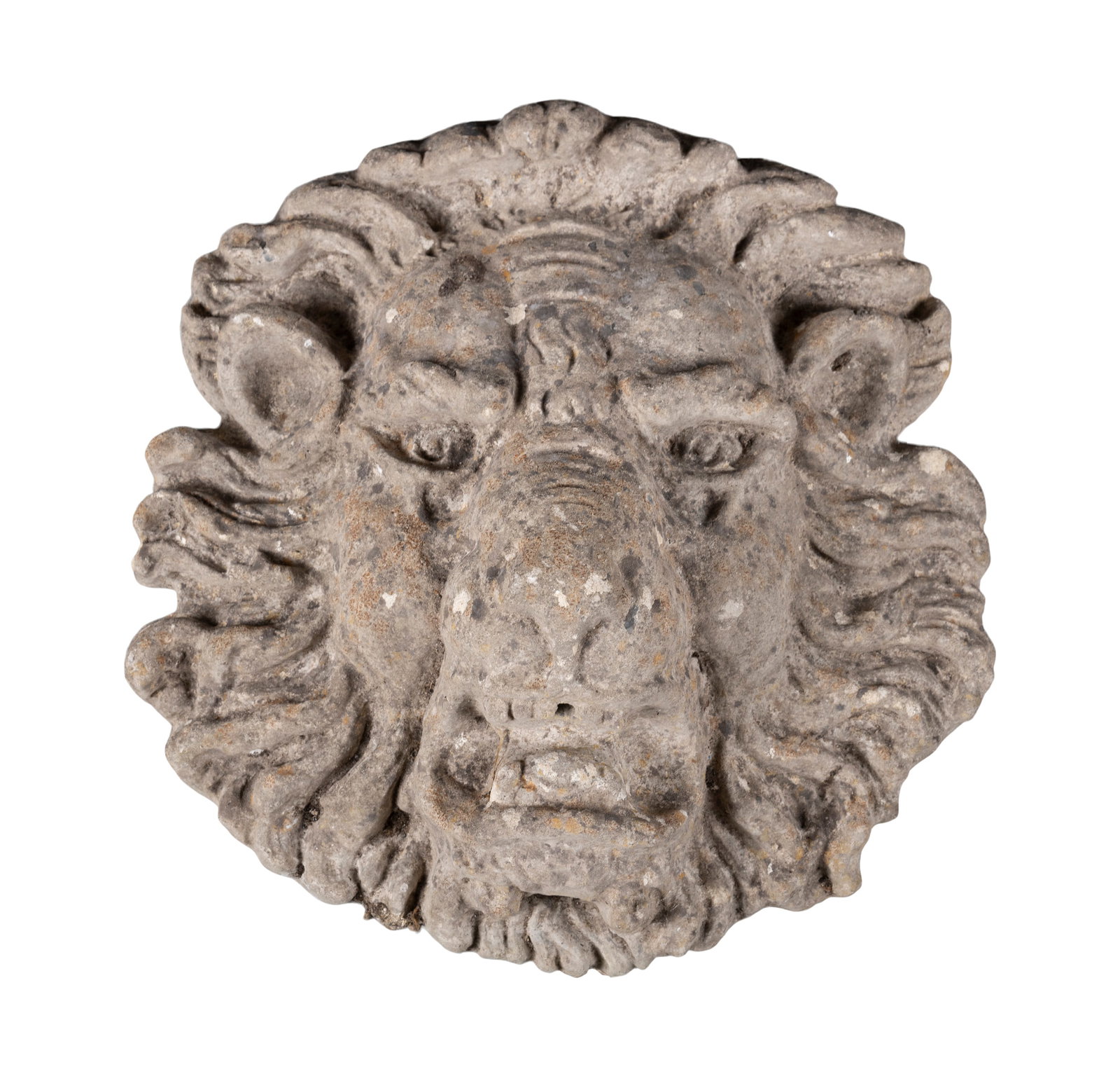 A CARVED COMPOSITE STONE LION MASK WATERFONT, 42cm high x 41 cm wide (1 of 2)