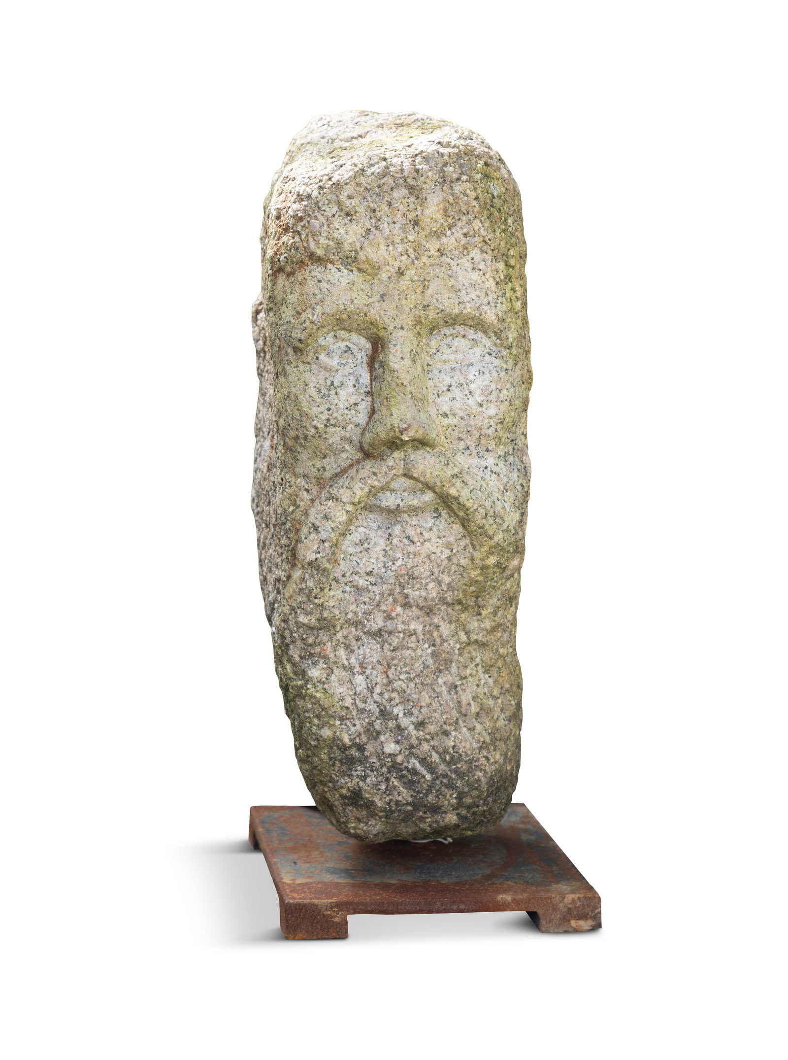 A CARVED STONE HEAD, of architectural origins, the male face with bearded visage mounted on a metal (1 of 3)