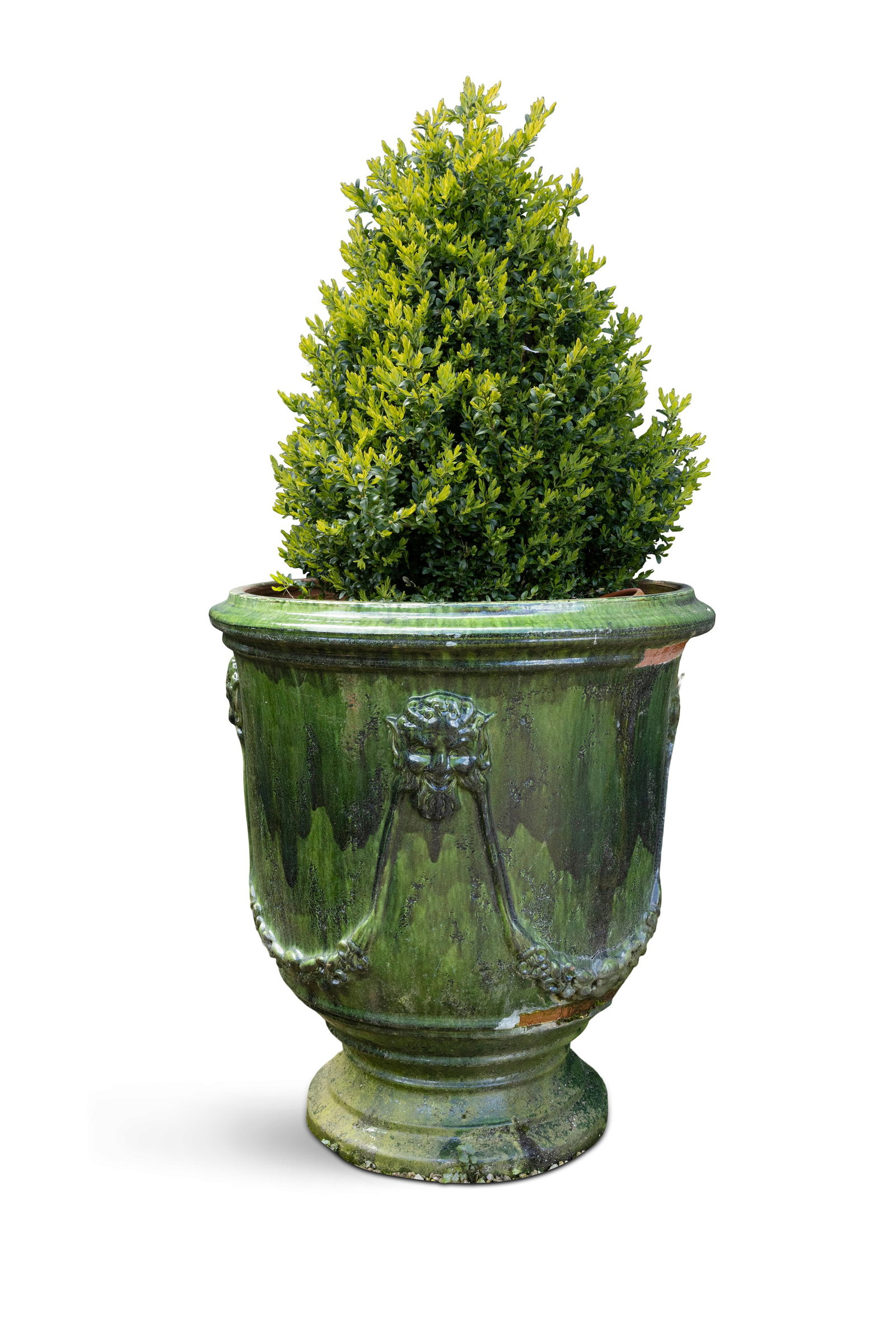 A LARGE GREEN GLAZED TERRACOTTA PLANTER, the body decorated with floral swags and Bacchanalian (1 of 2)