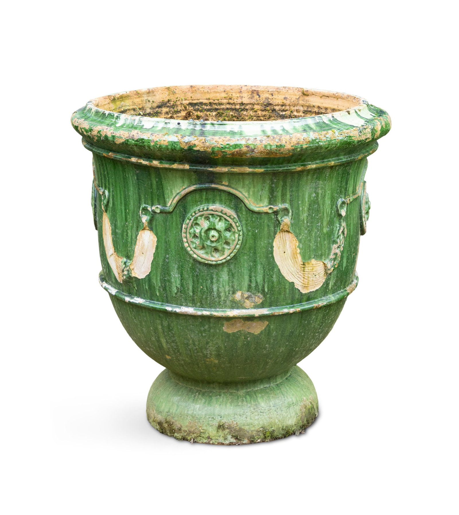A GREEN PAINTED TERRACOTTA URN SHAPED PLANTER, decorated with medallions and roundels. 75cm high, (1 of 2)