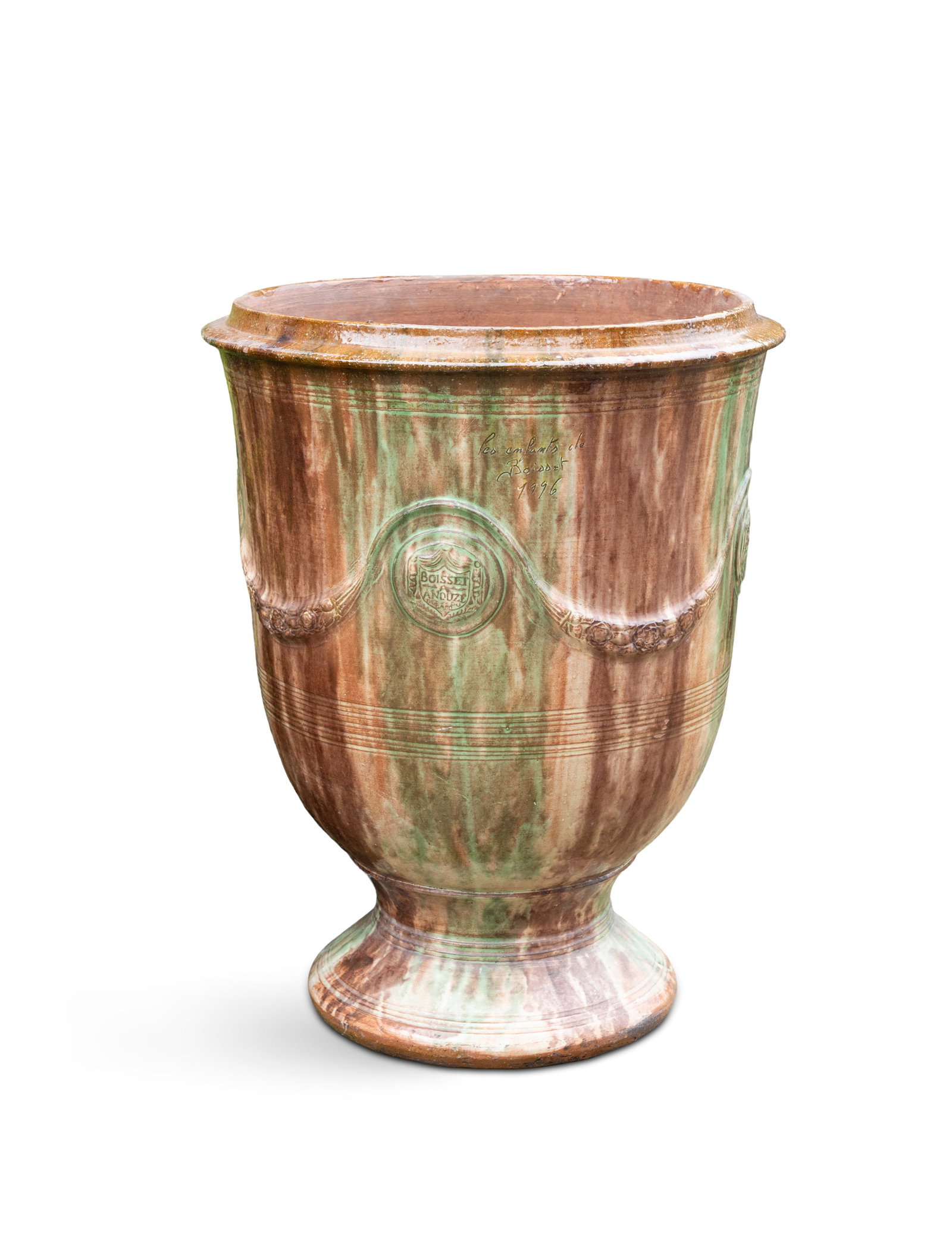 A TERACOTTA GLAZED URN SHAPED PLANTER, BY BOISSET, ANDUZE, of campagna form, body with ribbon tied (1 of 2)