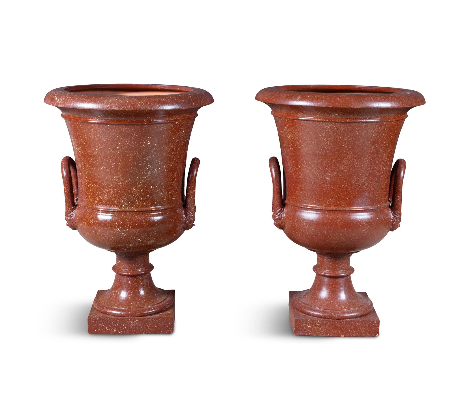 A PAIR OF ITALIAN MID-CENTURY TERRACOTTA URNS, with out-turned rim, applied twin handles, on socle: A PAIR OF ITALIAN MID-CENTURY TERRACOTTA URNS, with out-turned rim, applied twin handles, on socle and square platform base. 97cm high, 68cm diameter
