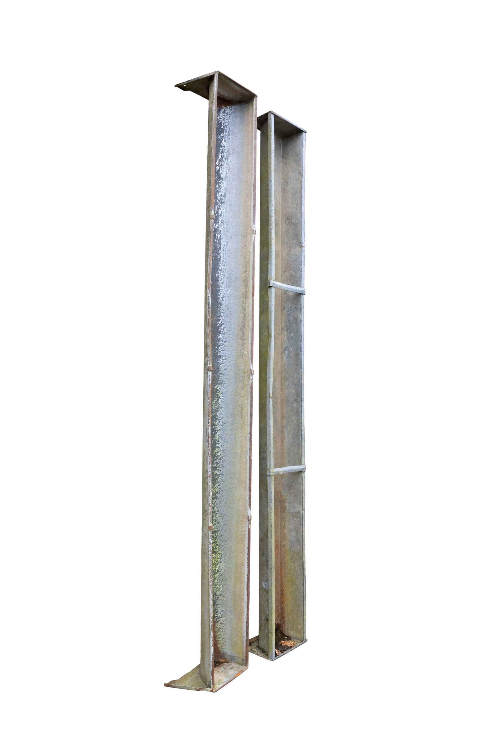 TWO METAL FEEDERS, of large rectangular form, c.280cm long, 30cm deep, 14cm high, c.280cm long,: TWO METAL FEEDERS, of large rectangular form, c.280cm long, 30cm deep, 14cm high, c.280cm long, 27cm deep, 15cm high