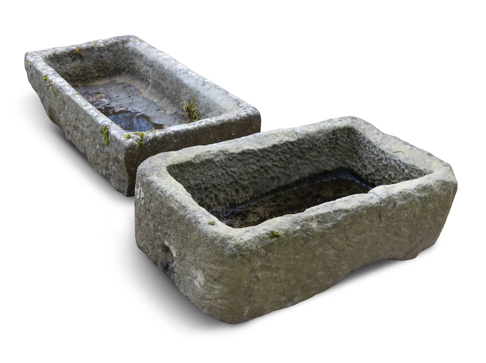 TWO 18TH CENTURY IRISH LIMESTONE TROUGHS, OF SIMILAR PROPORTIONS, Each of rectangular form with: TWO 18TH CENTURY IRISH LIMESTONE TROUGHS, OF SIMILAR PROPORTIONS, Each of rectangular form with drainage hole to one end (i) 25cm high, 74cm long, 41cm wide (ii) 20cm high, 81cm long, 44cm wide