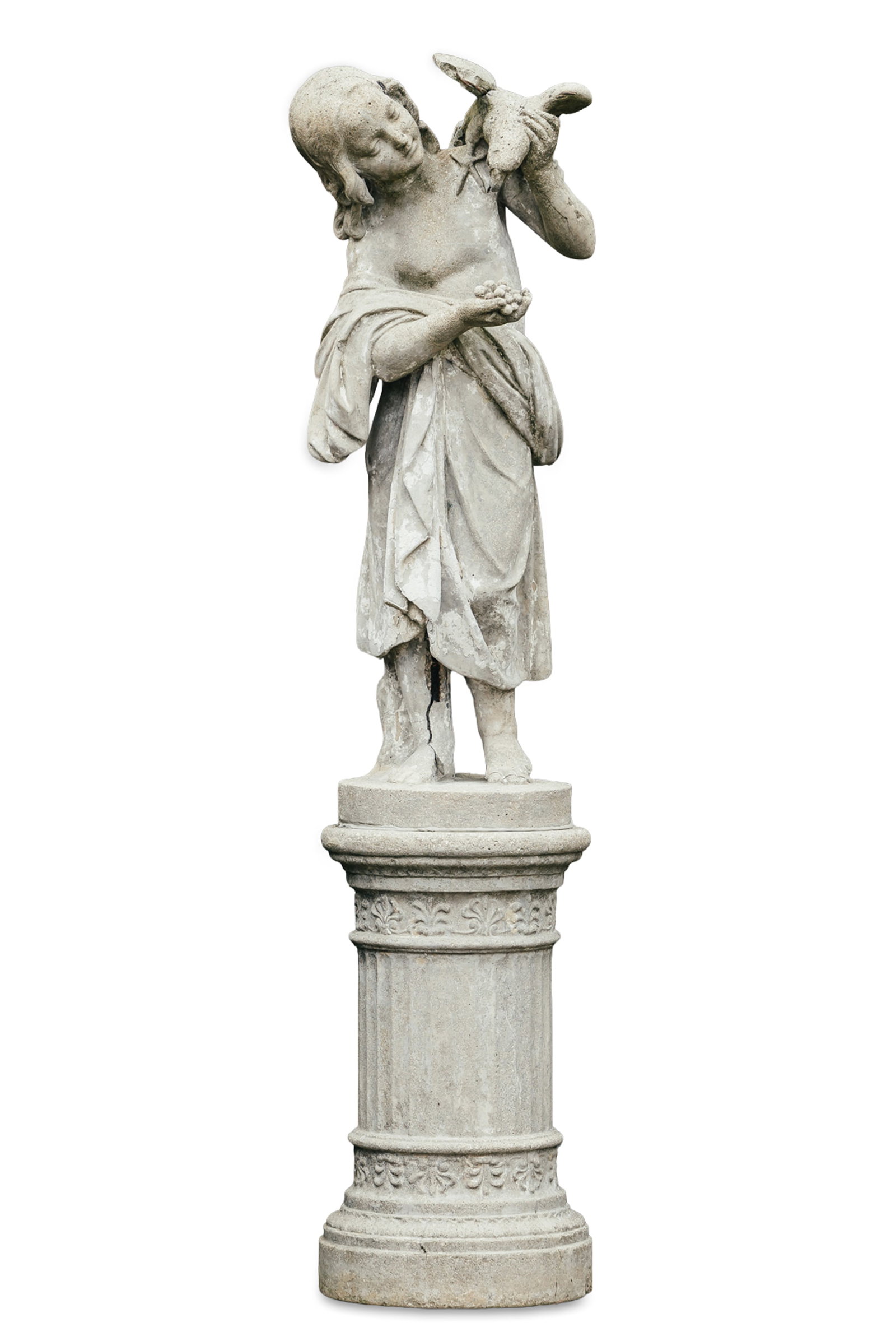 AN EARLY 20TH CENTURY COMPOSITE STONE STATUE OF A YOUNG GIRL FEEDING A BIRD, on circular plinth,: AN EARLY 20TH CENTURY COMPOSITE STONE STATUE OF A YOUNG GIRL FEEDING A BIRD, on circular plinth, raised on a fluted pedestal base with fleur-de-lys decorative banding. The entire 160cm high, 35cm diam