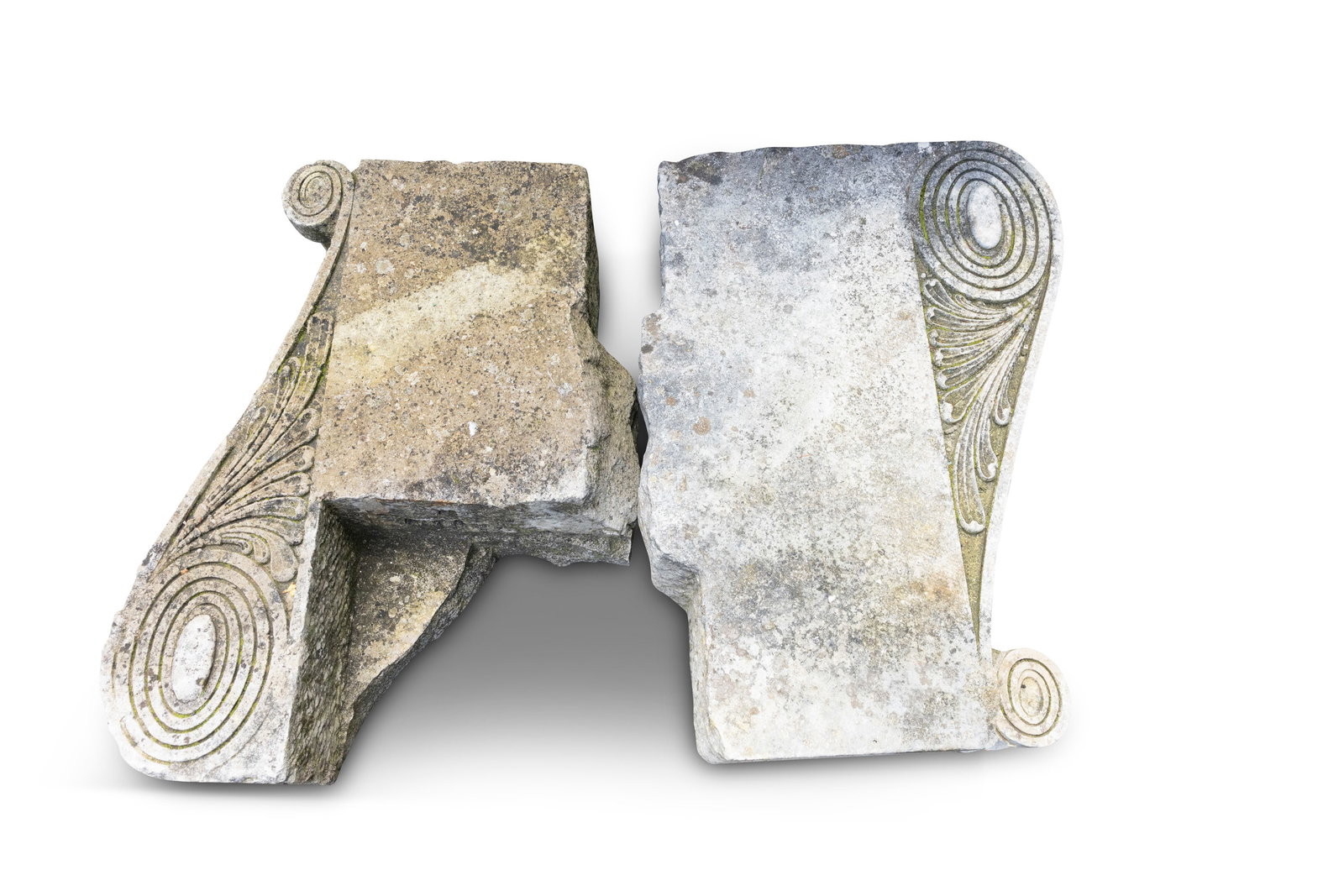 A PAIR OF IRISH 19TH CENTURY LARGE CARVED PORTLAND STONE CORBELS, in the Classical taste, 91cm (1 of 3)