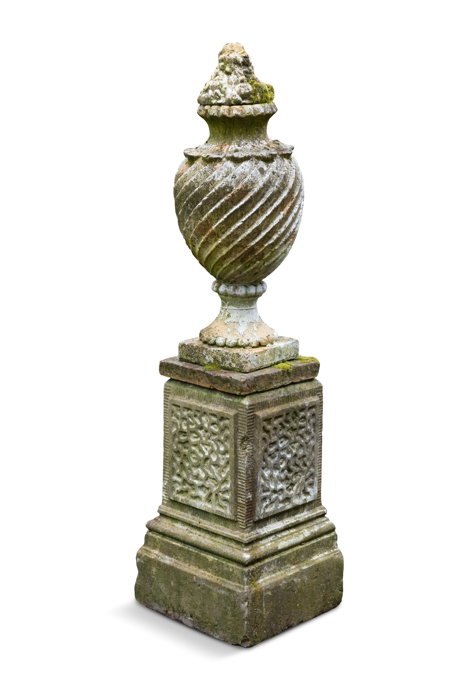 A WHITE PAINTED TERRACOTTA URN AND COVER, of baluster form with spiral decorations on socle, on (1 of 6)