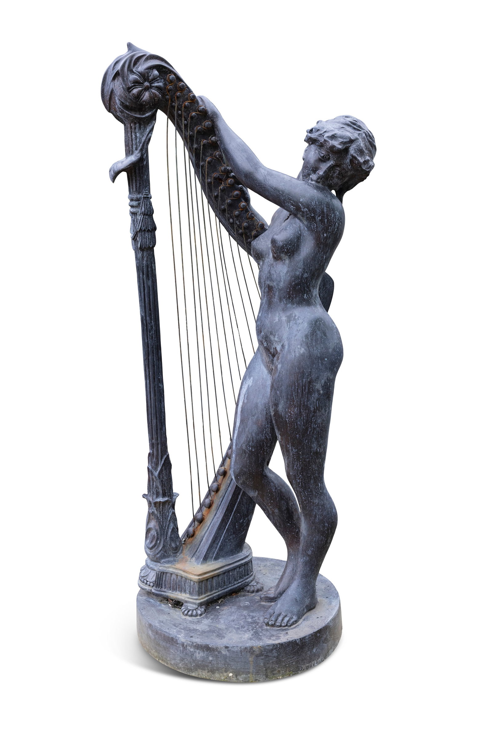 A BRONZE STATUE OF A NUDE FIGURE PLAYING THE HARP: A BRONZE STATUE OF A NUDE FIGURE PLAYING THE HARP