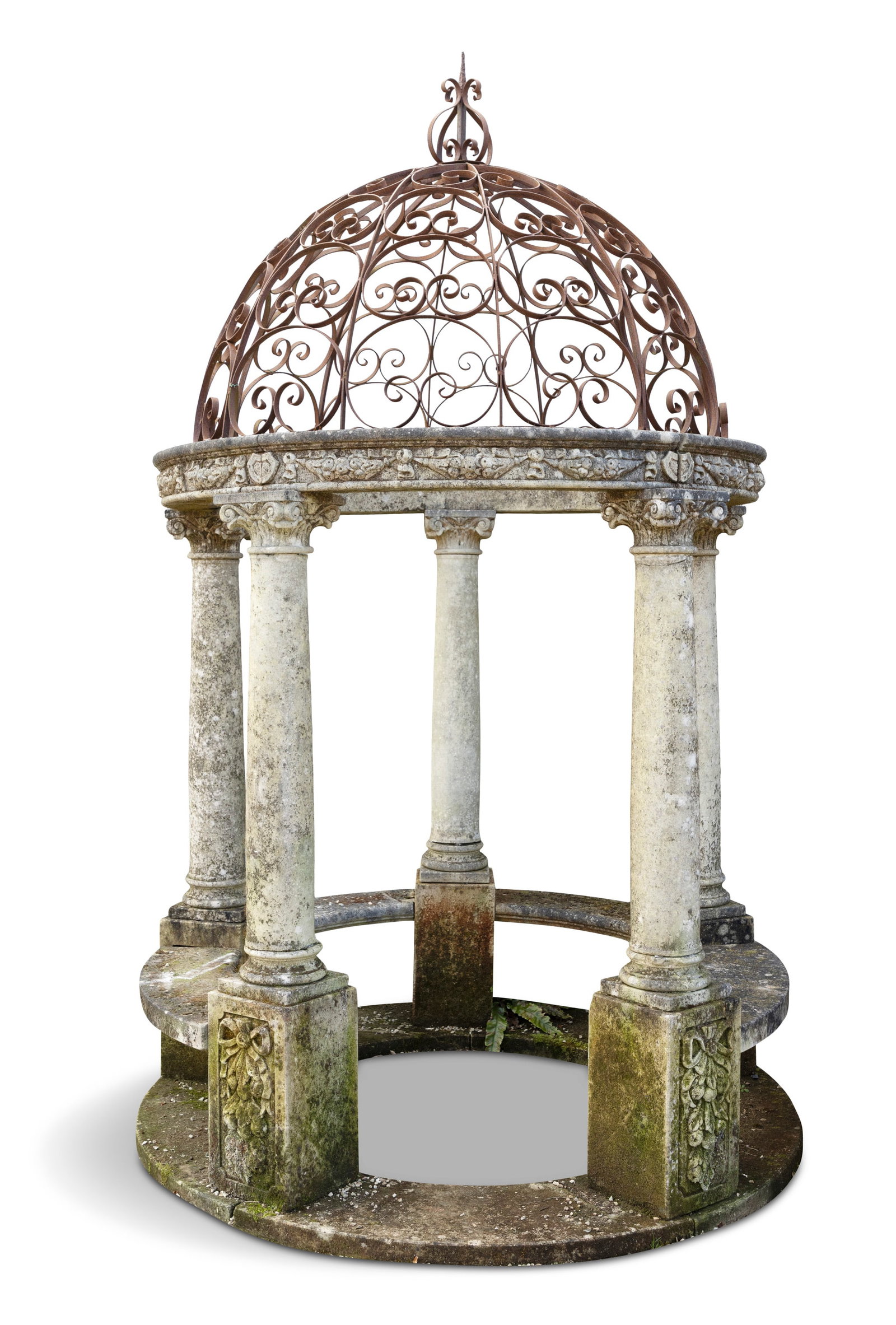 A STONE AND WROUGHT IRON GAZEBO, the domed open iron top supported on a circular frieze carved: A STONE AND WROUGHT IRON GAZEBO, the domed open iron top supported on a circular frieze carved with ribbon tied swags on fire Corinthian pillars, each pillar raised on carved plinth with seated