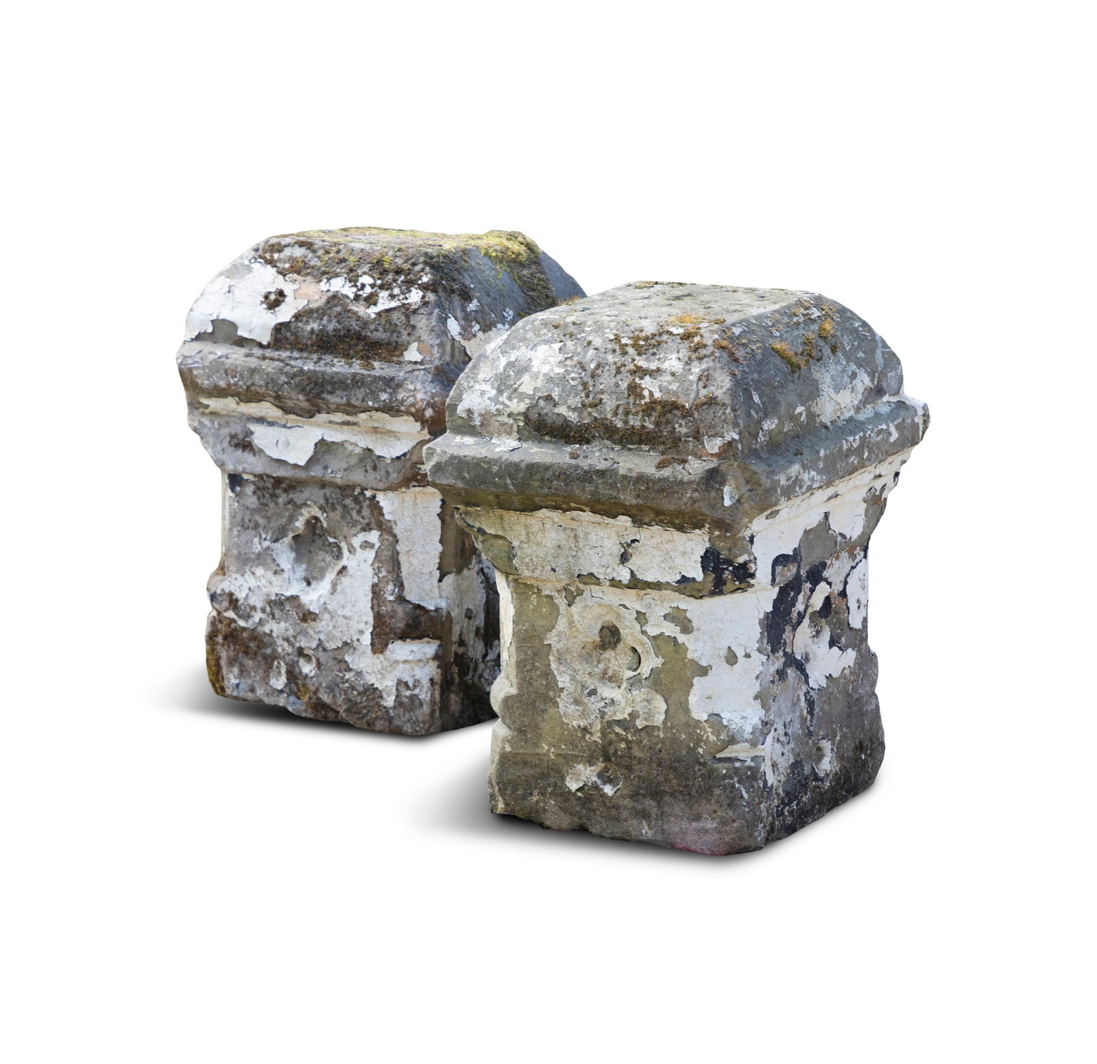 A PAIR OF STONE PIER TOPS, upright square form, 61cm high: A PAIR OF STONE PIER TOPS, upright square form, 61cm high