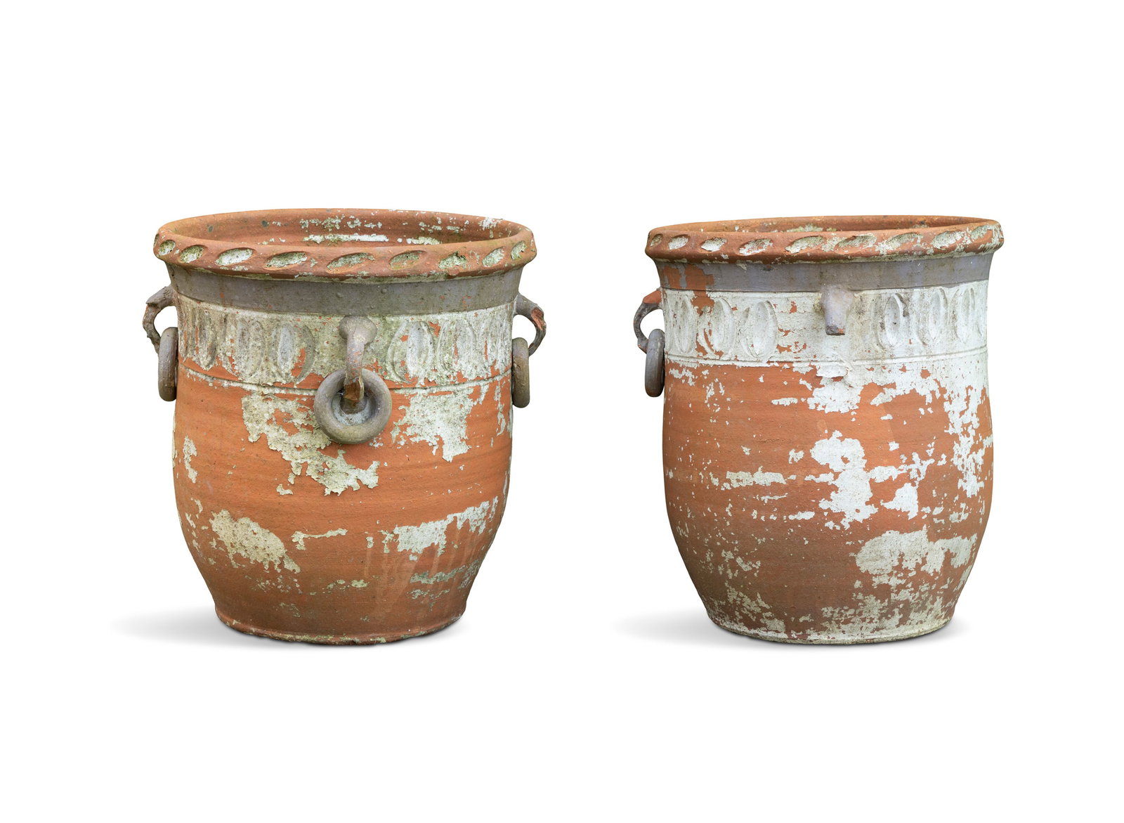 A PAIR OF WHITE PAINTED TERRACOTTA PLANTERS IN THE GRECIAN STYLE, each with four drop ring handles: A PAIR OF WHITE PAINTED TERRACOTTA PLANTERS IN THE GRECIAN STYLE, each with four drop ring handles incised decoration, 40cm high