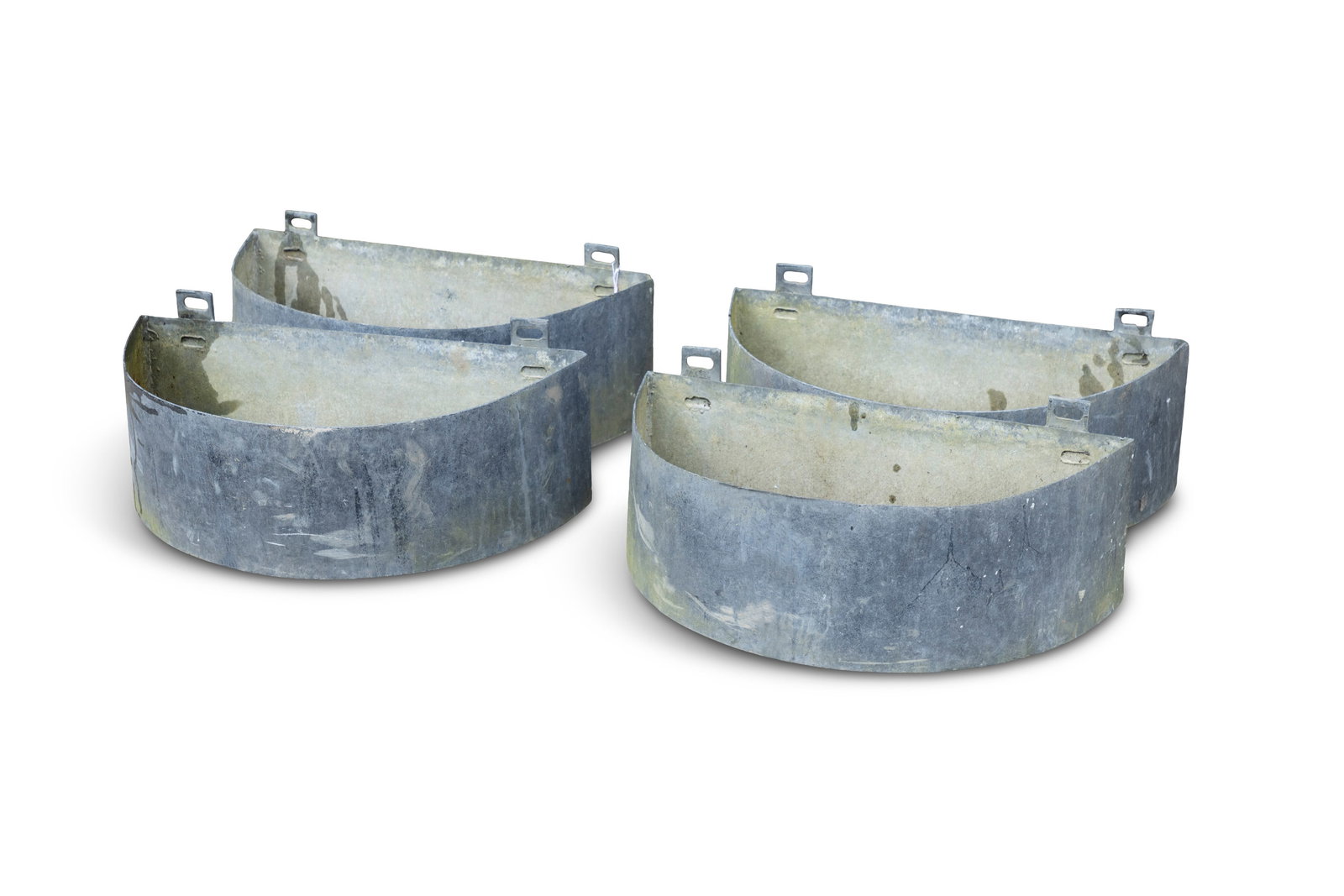 A SET OF FOUR DEMI-LUNE ZINC HANGING PLANTERS, 61cm x 31cm x 25cm high (1 of 3)
