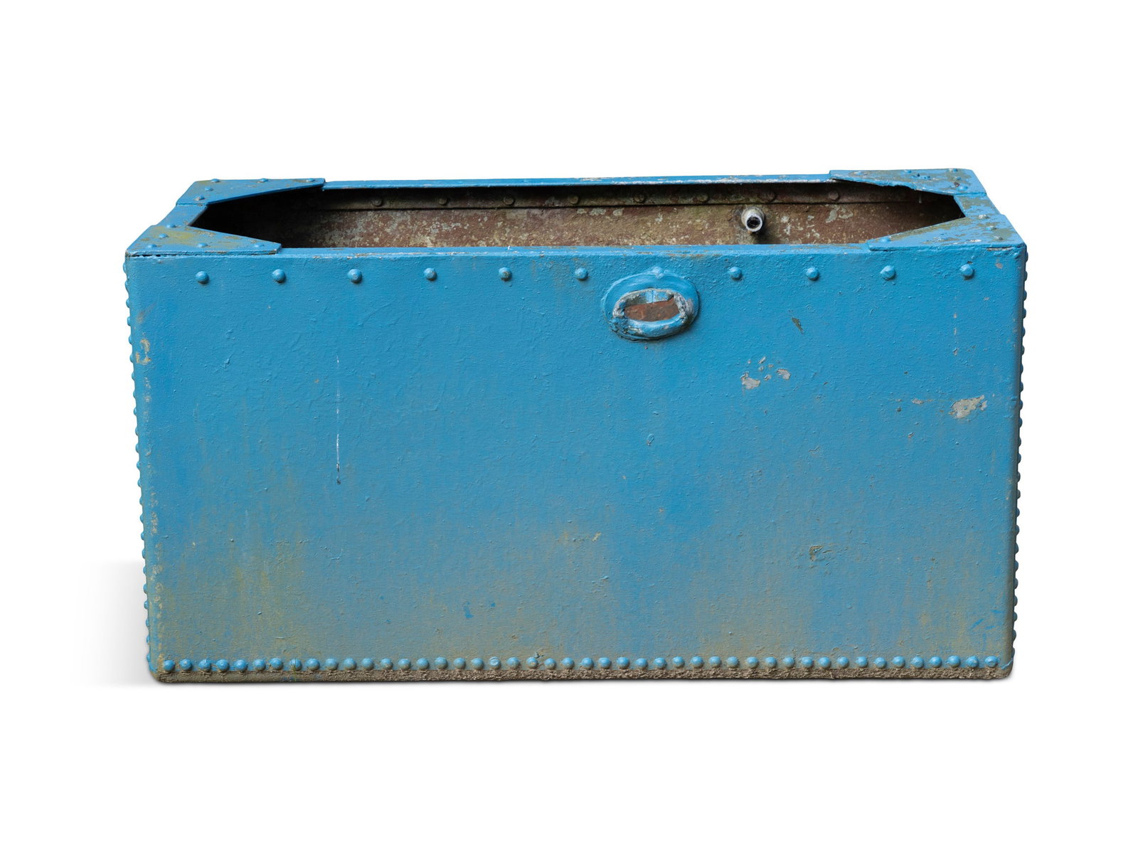 A LARGE BLUE-PAINTED GALVANISED ZINC TANK/ PLANTER, of riveted construction with drainage hole to (1 of 3)