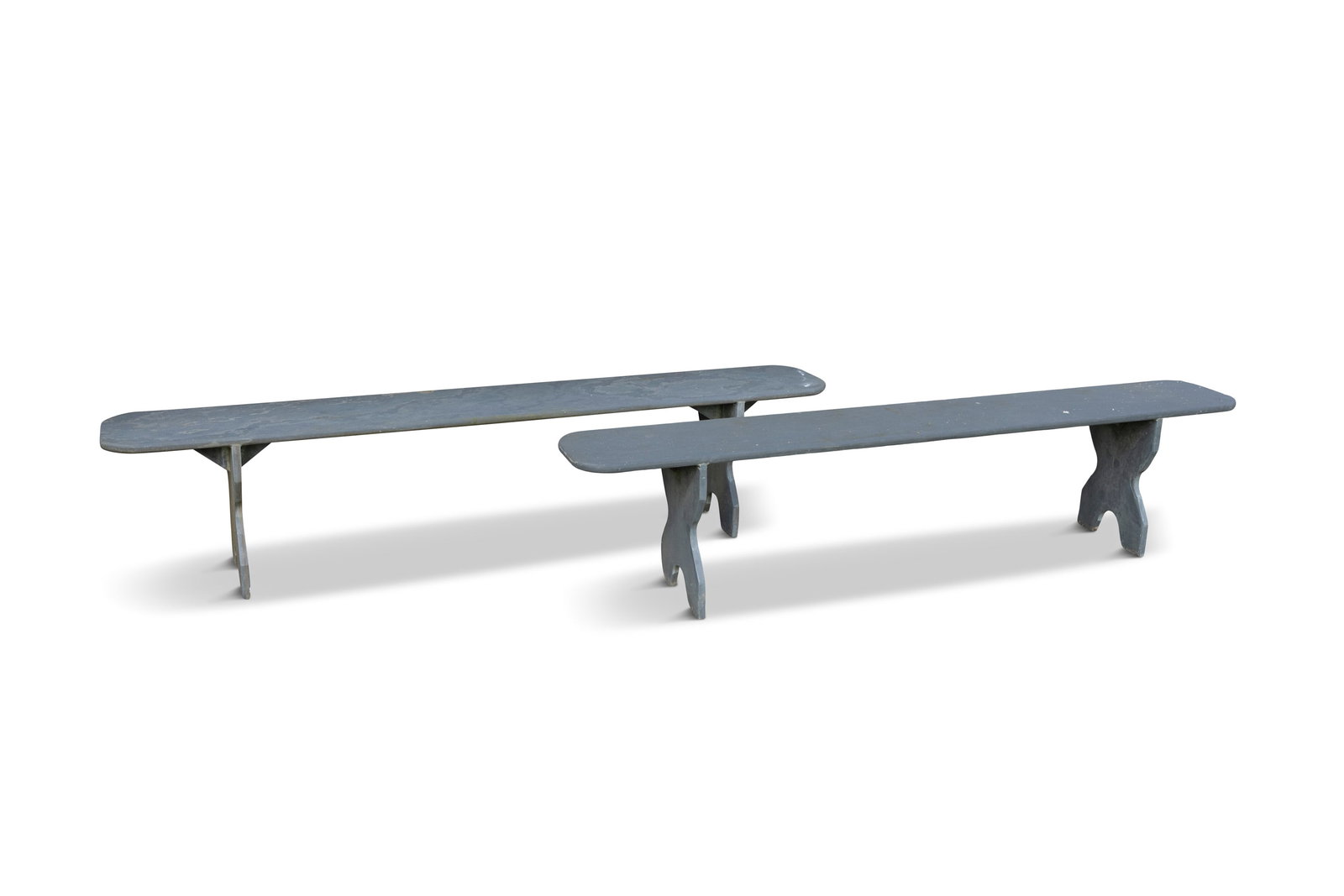 A PAIR OF BLACK SLATE LONG CONSERVATORY BENCHES, the rectangular tops with rounded corners, (1 of 2)