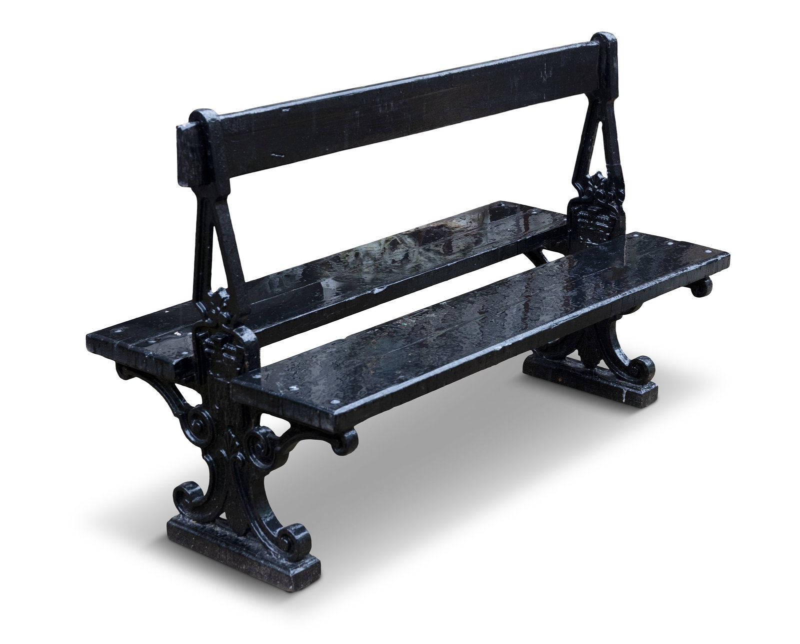 A BLACK PAINTED CAST IRON DOUBLE SIDED BENCH, 19TH CENTURY, of trestle form each decorated with: A BLACK PAINTED CAST IRON DOUBLE SIDED BENCH, 19TH CENTURY, of trestle form each decorated with castle turret for each end support, dated 1886 140cm wide x 102cm high
