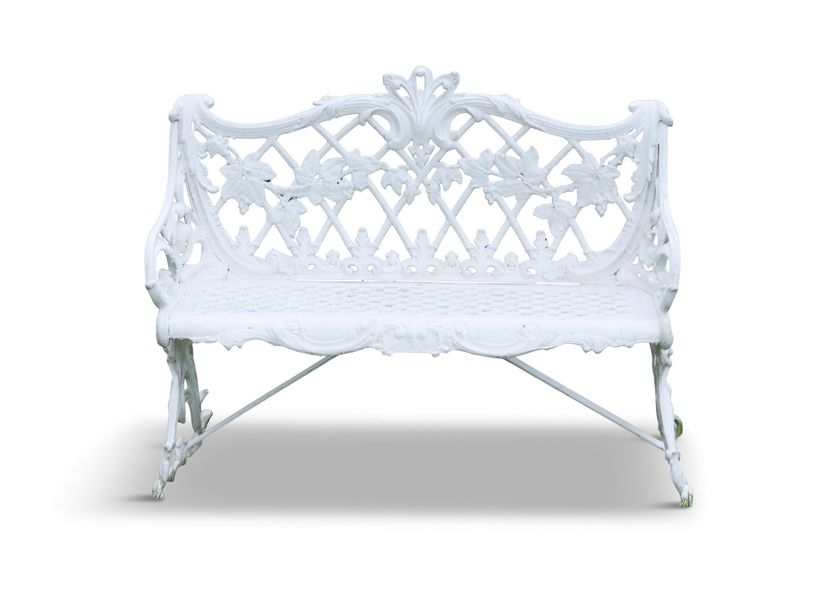 A CAST IRON WHITE PAINTED VICTORIAN BENCH, naturalistically cast branch top rail centred with a (1 of 2)