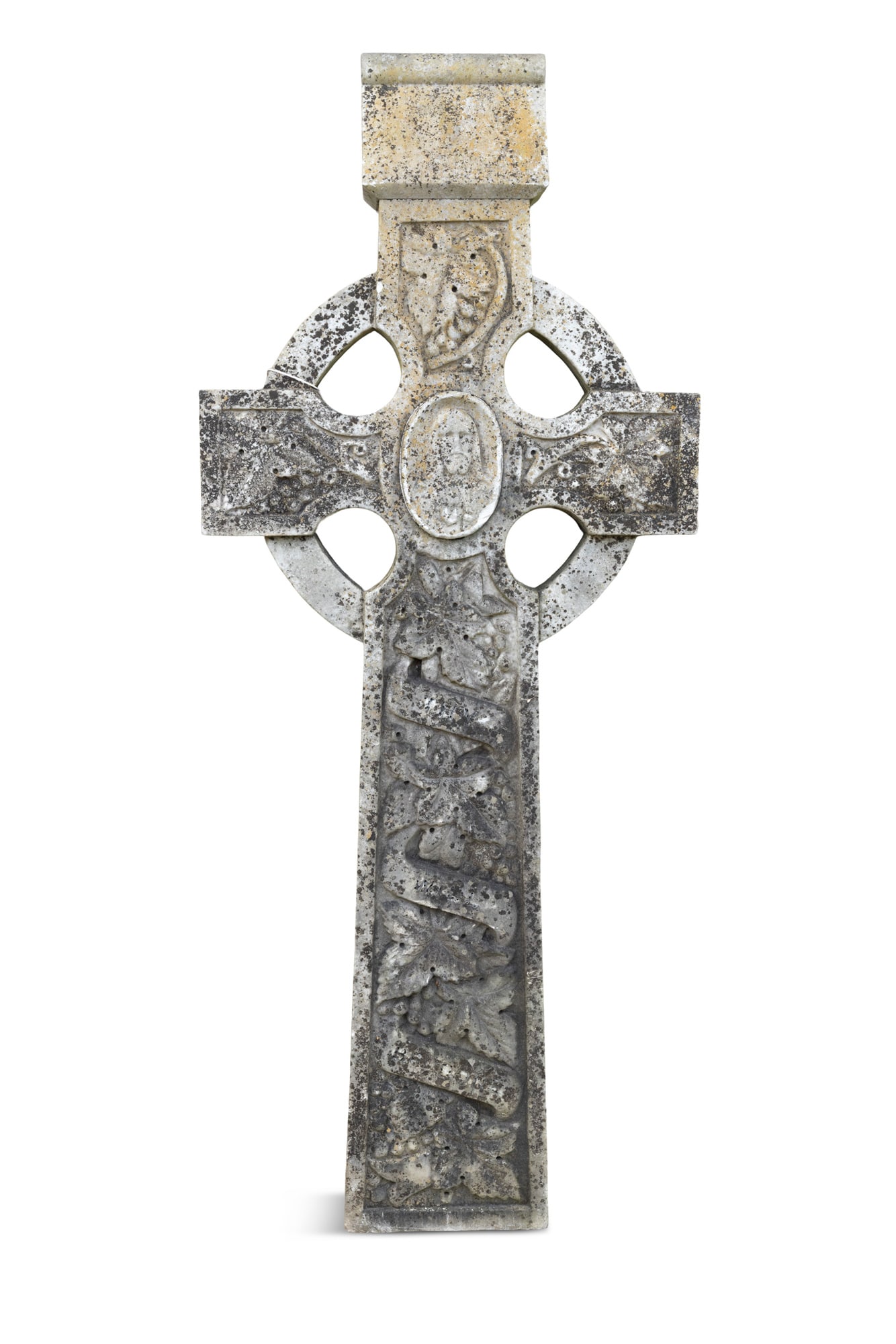 A CARVED MARBLE CELTIC CROSS, with depiction of Jesus to centre, the shaft inscribed, 'THY WILL BE (1 of 2)