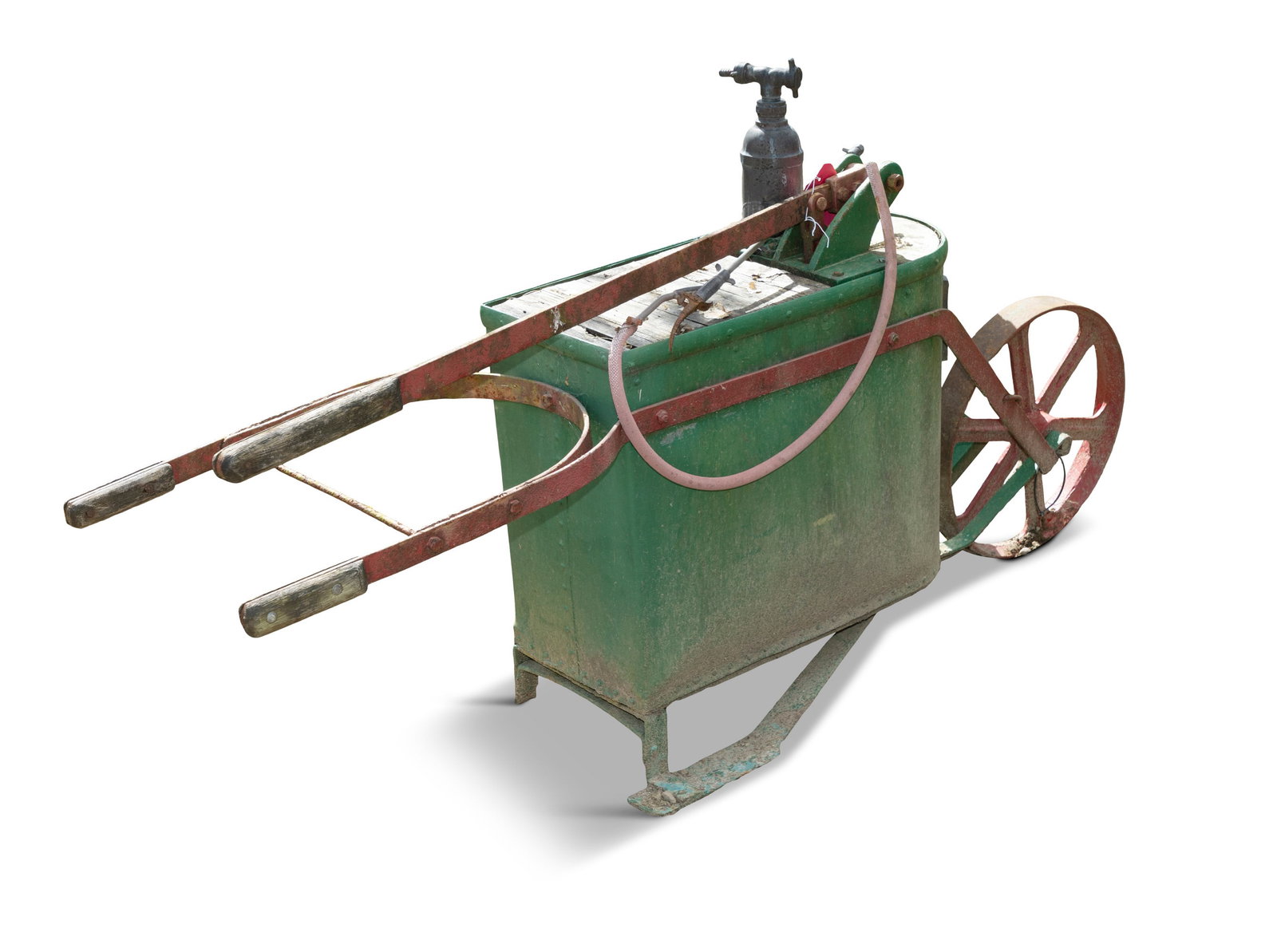A ‘K.E.F’ (KENT ENGINEERING & FOUNDRY) LTD ORCHARD SPRAYING MACHINE, the green and red: A ‘K.E.F’ (KENT ENGINEERING & FOUNDRY) LTD ORCHARD SPRAYING MACHINE, the green and red painted cast iron frame of wheelbarrow construction with bronze plaque reading 'K.E.F Kent Engineerin