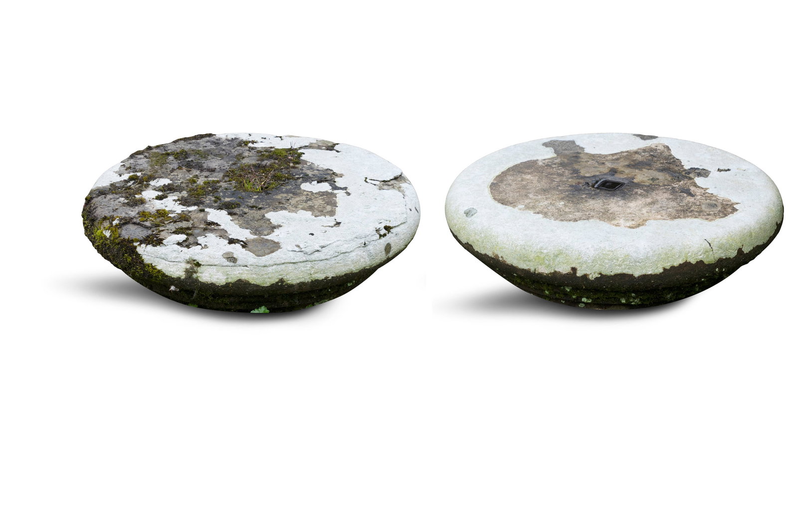 A PAIR OF LIMESTONE CAPS, each of moulded circular form, 18cm high, 68cm high Provenance: Mourne (1 of 4)
