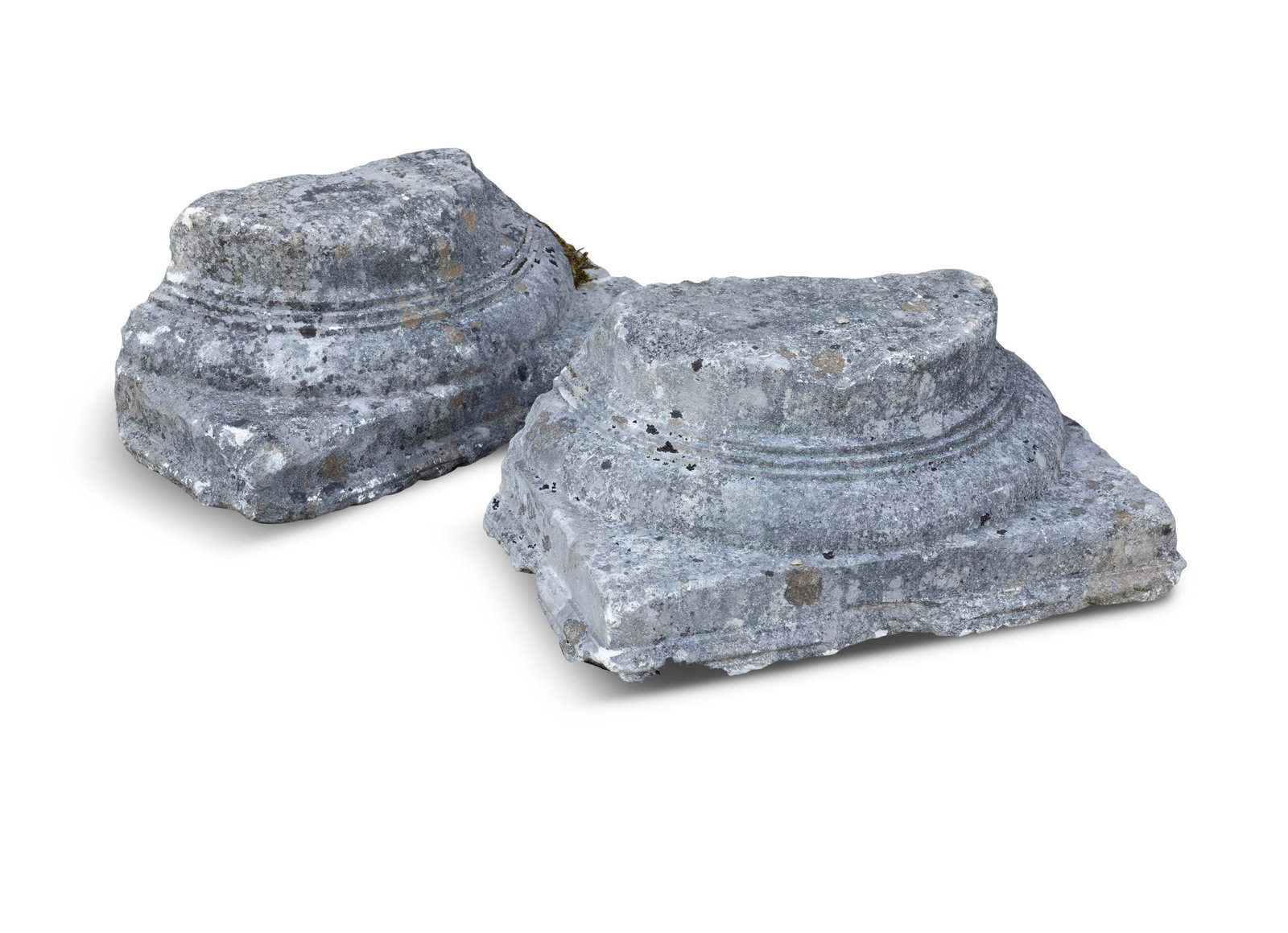 A PAIR OF PORTLAND STONE PILASTER BASES, 26cm high x 64cm wide x 37cm diameter: A PAIR OF PORTLAND STONE PILASTER BASES, 26cm high x 64cm wide x 37cm diameter