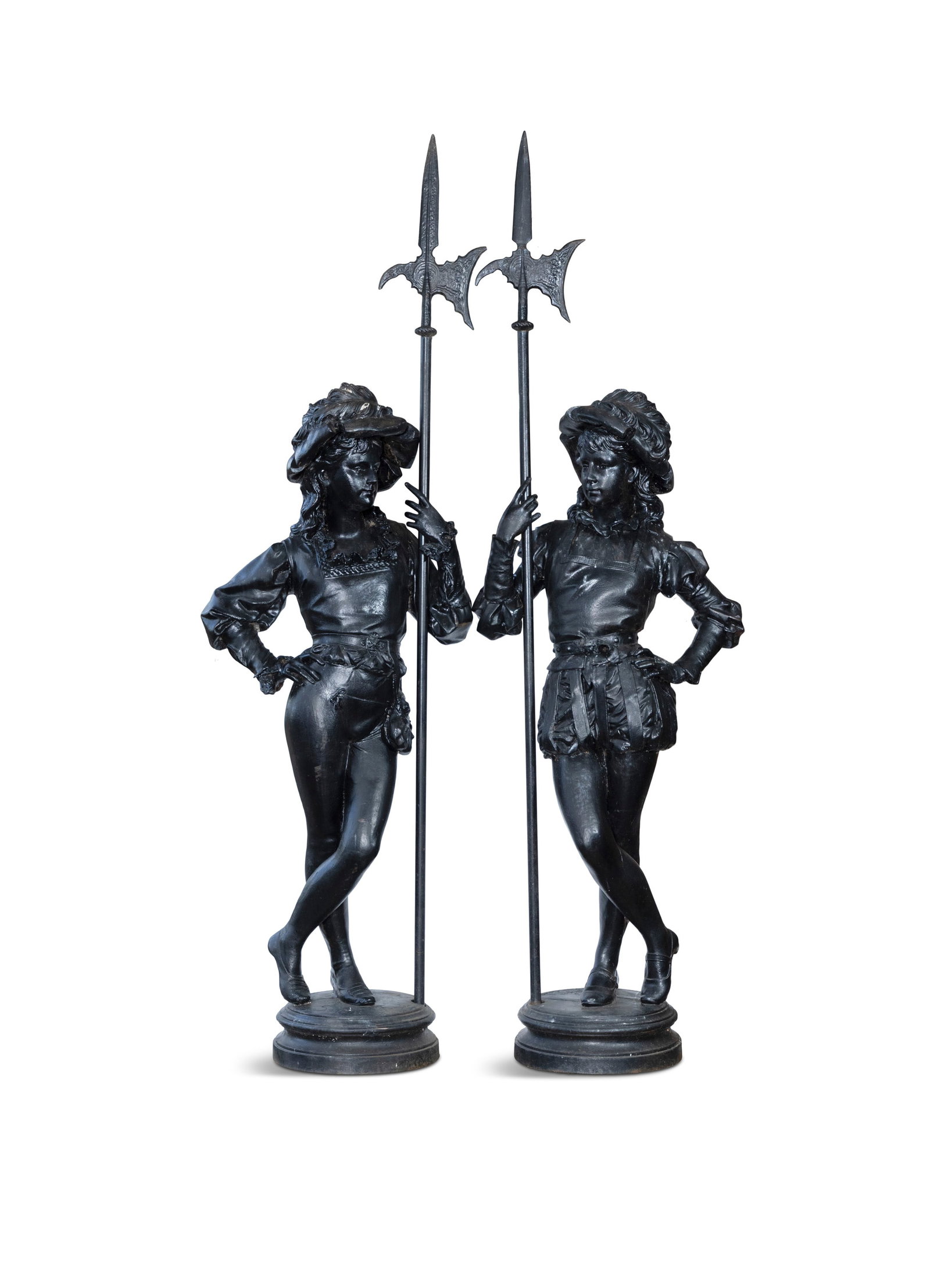 A PAIR OF FRENCH PAINTED CAST-IRON MODELS OF FLORENTINE PAGES CIRCA 1882, AFTER: A PAIR OF FRENCH PAINTED CAST-IRON MODELS OF FLORENTINE PAGES CIRCA 1882, AFTER EDOUARD-CHARLES-MARIE HOUSSIN (1847-1917) Each holding a staff, inscribed ‘E.HOUSSIN/1882’, re-painted. 218c