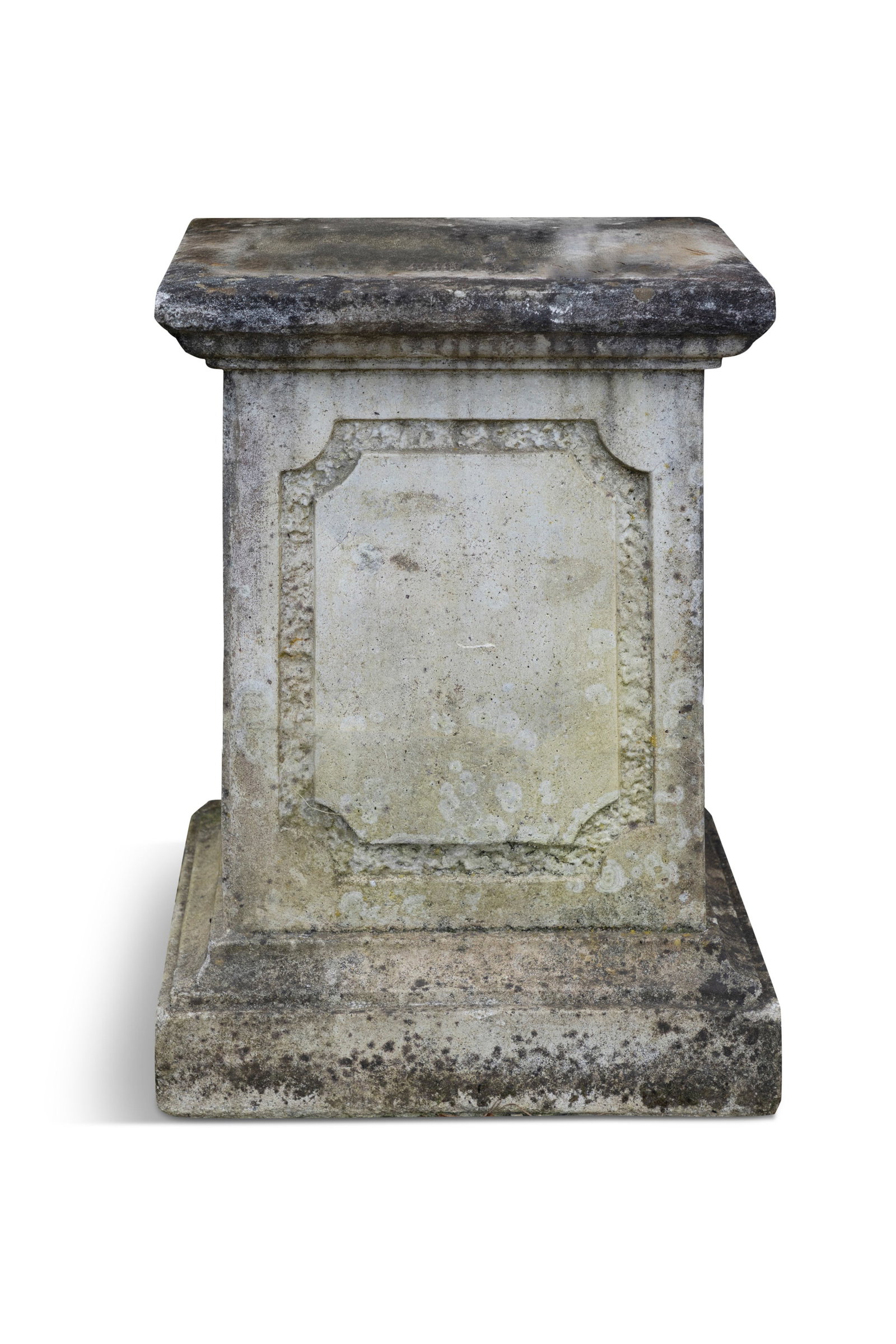 A CARVED STONE SQUARED PEDESTAL, of fielded sides and bevelled squared base, 62.5cm high, 46cm wide (1 of 2)